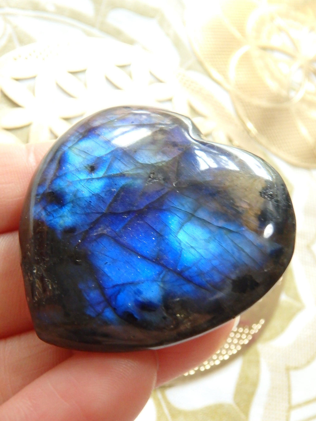 Deep Cobalt Blue Blushing Flashes Labradorite Hand Held Heart Carving 1 - Earth Family Crystals