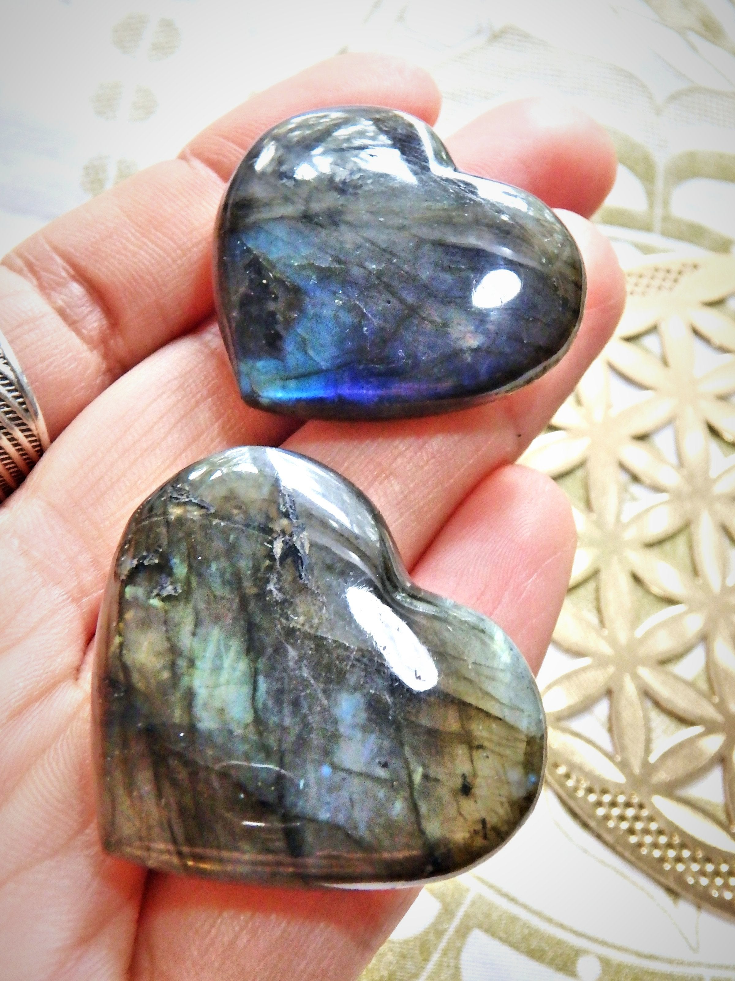 Set of 2-Adorable Hand Held Labradorite Love Hearts With Pretty Flashes