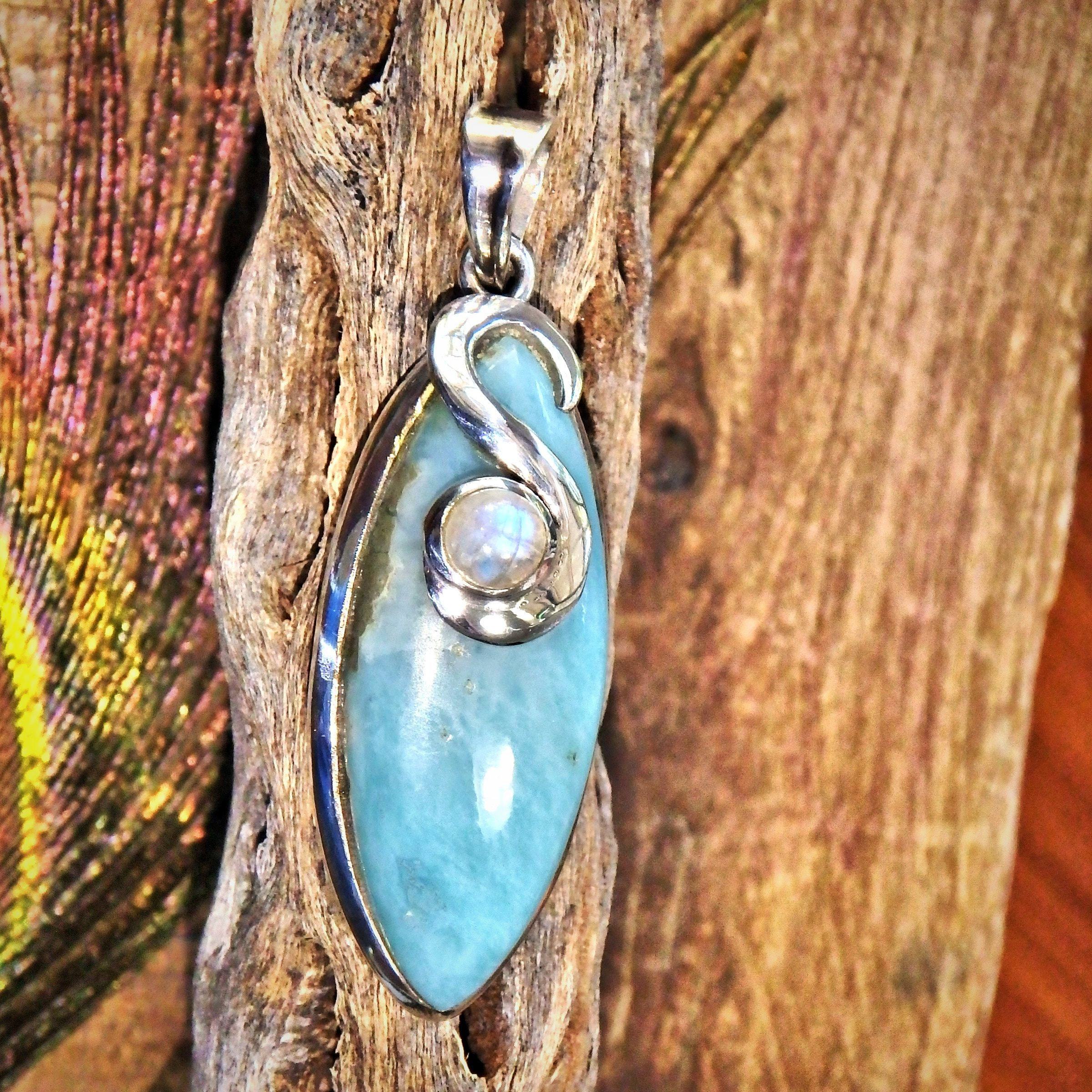 Deep Blue Larimar & Rainbow Moonstone Sterling Silver Pendant (Includes Silver Chain) - Earth Family Crystals