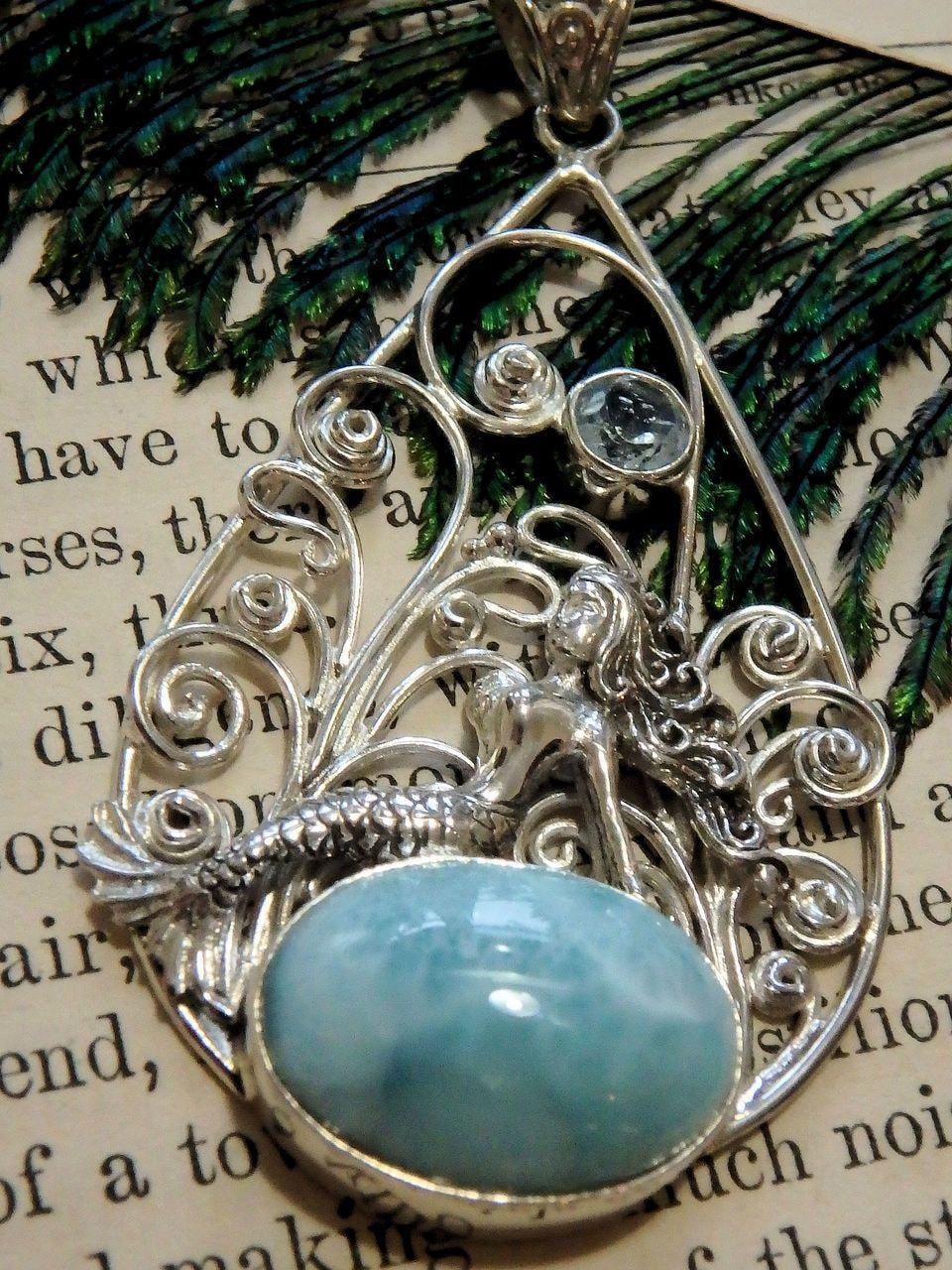 Beautiful Mermaid Sitting on Blue Larimar & Faceted Blue Topaz Pendant in Sterling Silver (Includes Silver Chain) - Earth Family Crystals