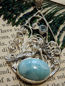 Beautiful Mermaid Sitting on Blue Larimar & Faceted Blue Topaz Pendant in Sterling Silver (Includes Silver Chain) - Earth Family Crystals