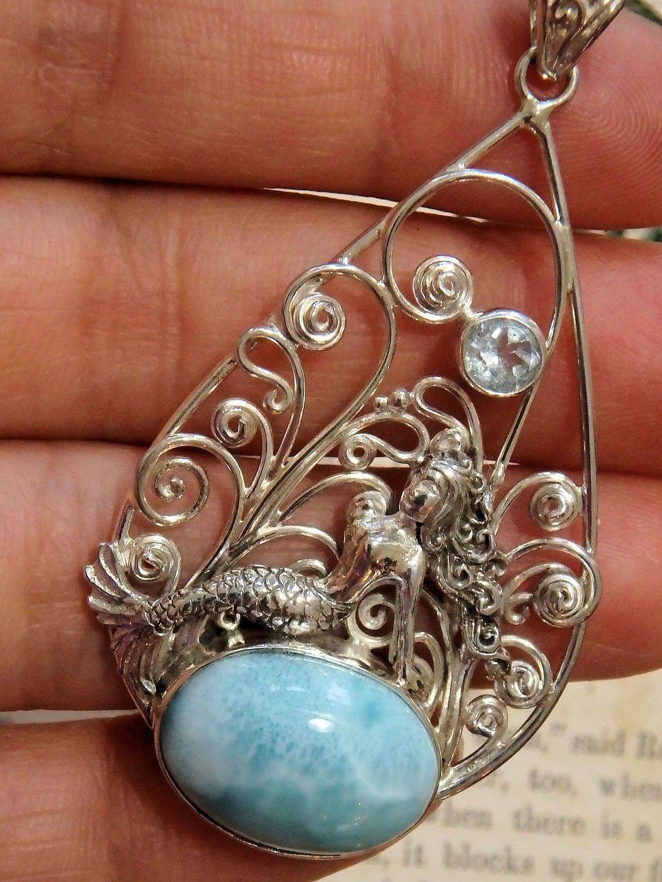 Beautiful Mermaid Sitting on Blue Larimar & Faceted Blue Topaz Pendant in Sterling Silver (Includes Silver Chain) - Earth Family Crystals