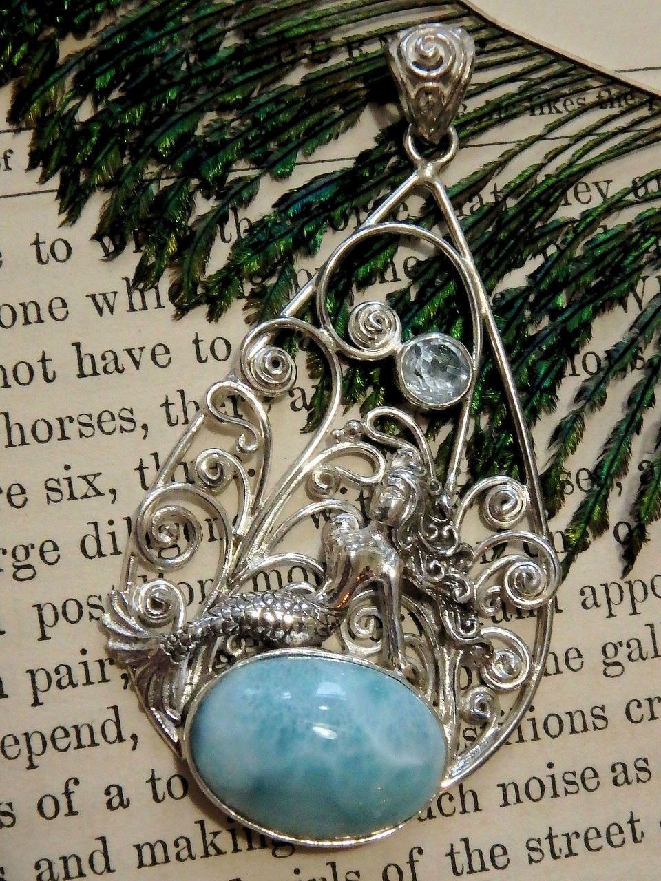 Beautiful Mermaid Sitting on Blue Larimar & Faceted Blue Topaz Pendant in Sterling Silver (Includes Silver Chain) - Earth Family Crystals