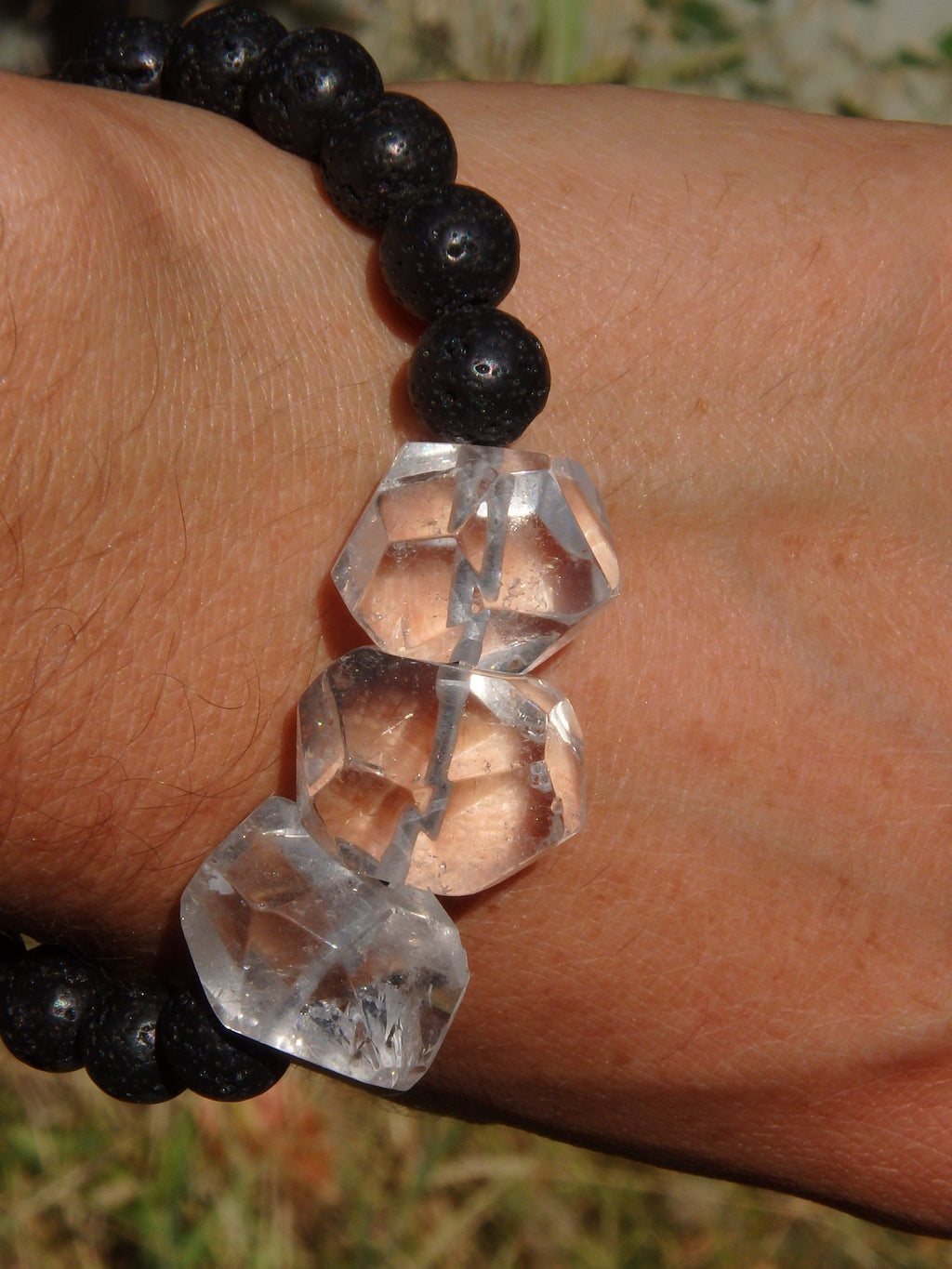 Clear Quartz Stones & Lava Stone Adjustable Cord Bracelet - Earth Family Crystals