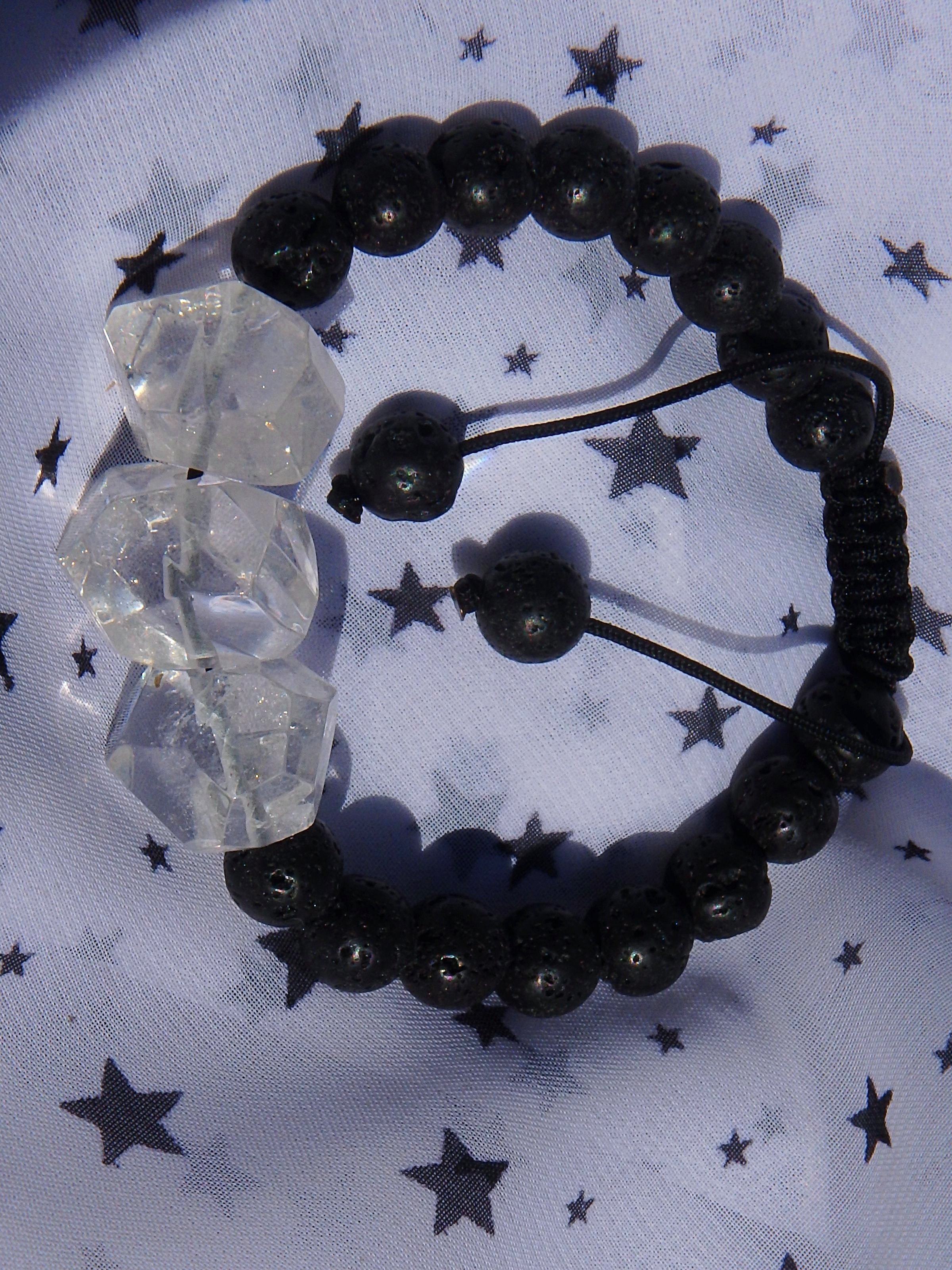 Clear Quartz Stones & Lava Stone Adjustable Cord Bracelet - Earth Family Crystals