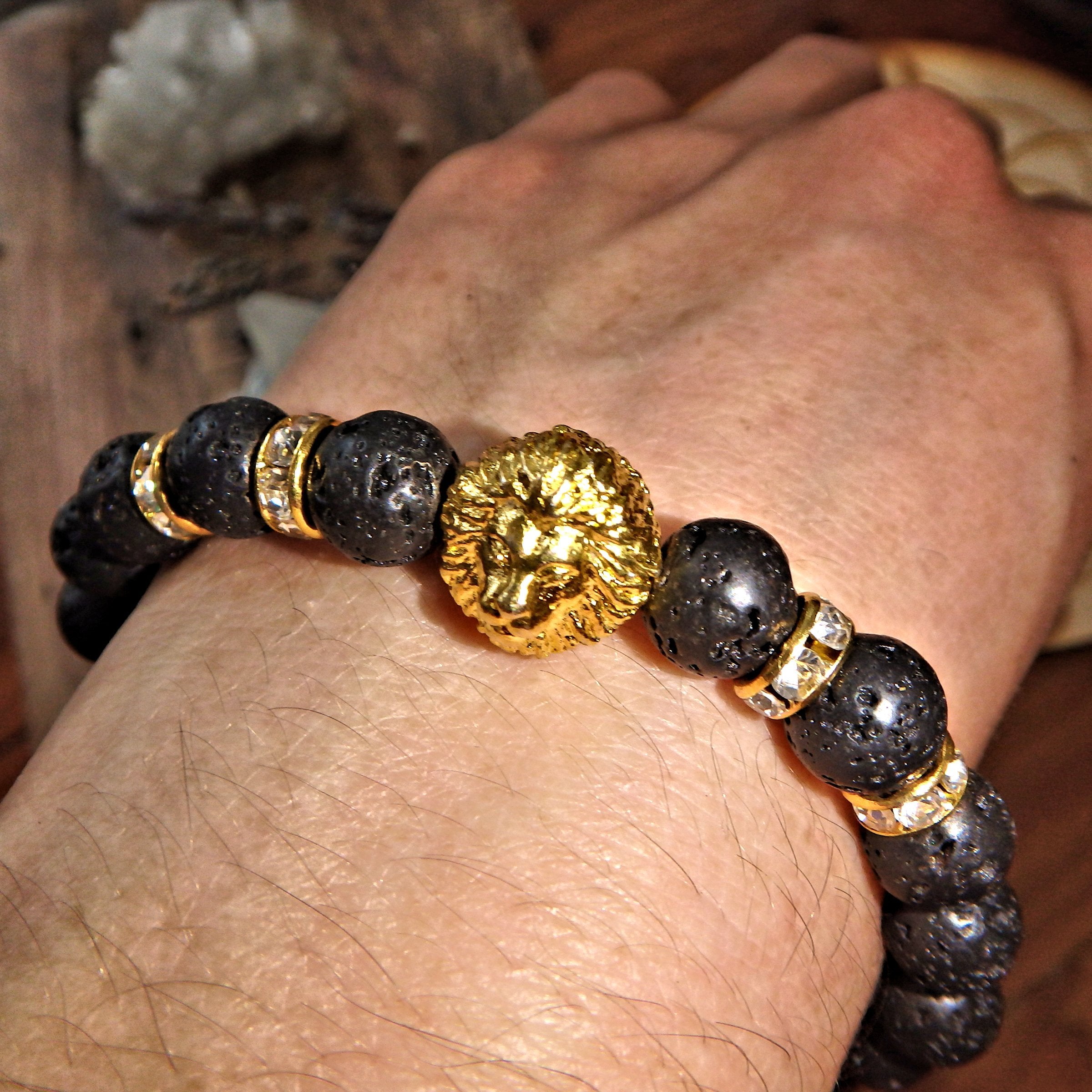 Perfect For Essential Oils~Lava Stone Bracelet With Gold Lion & Bling Charms on Elastic Cord - Earth Family Crystals