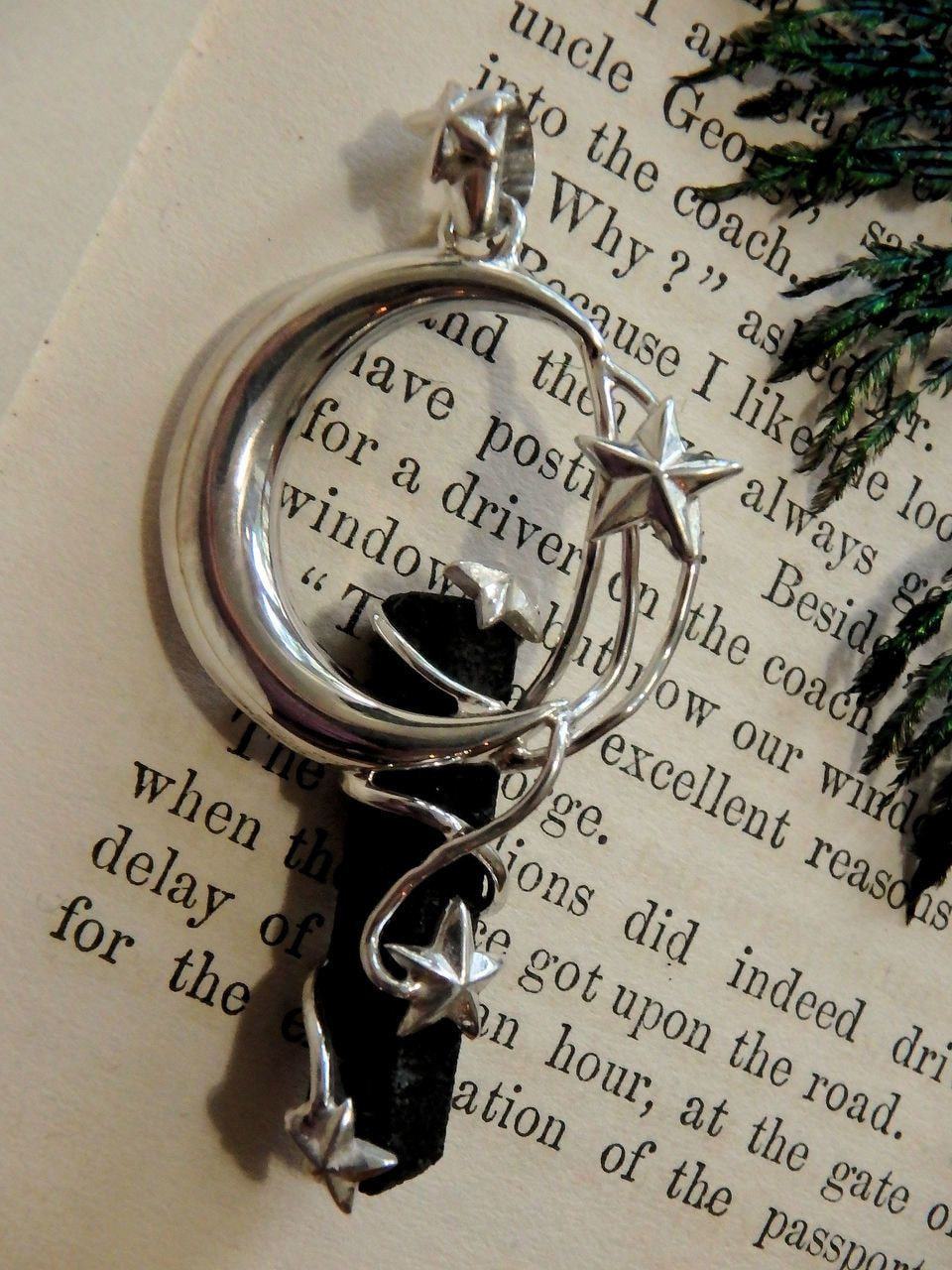 Crescent Moon & Stars Lava Stone Pendant in Sterling Silver (Includes Silver Chain) - Earth Family Crystals