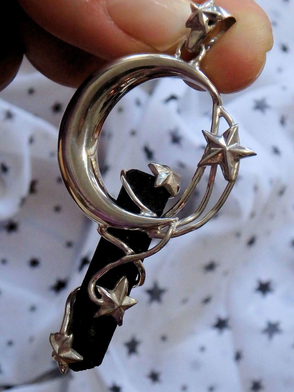 Crescent Moon & Stars Lava Stone Pendant in Sterling Silver (Includes Silver Chain) - Earth Family Crystals