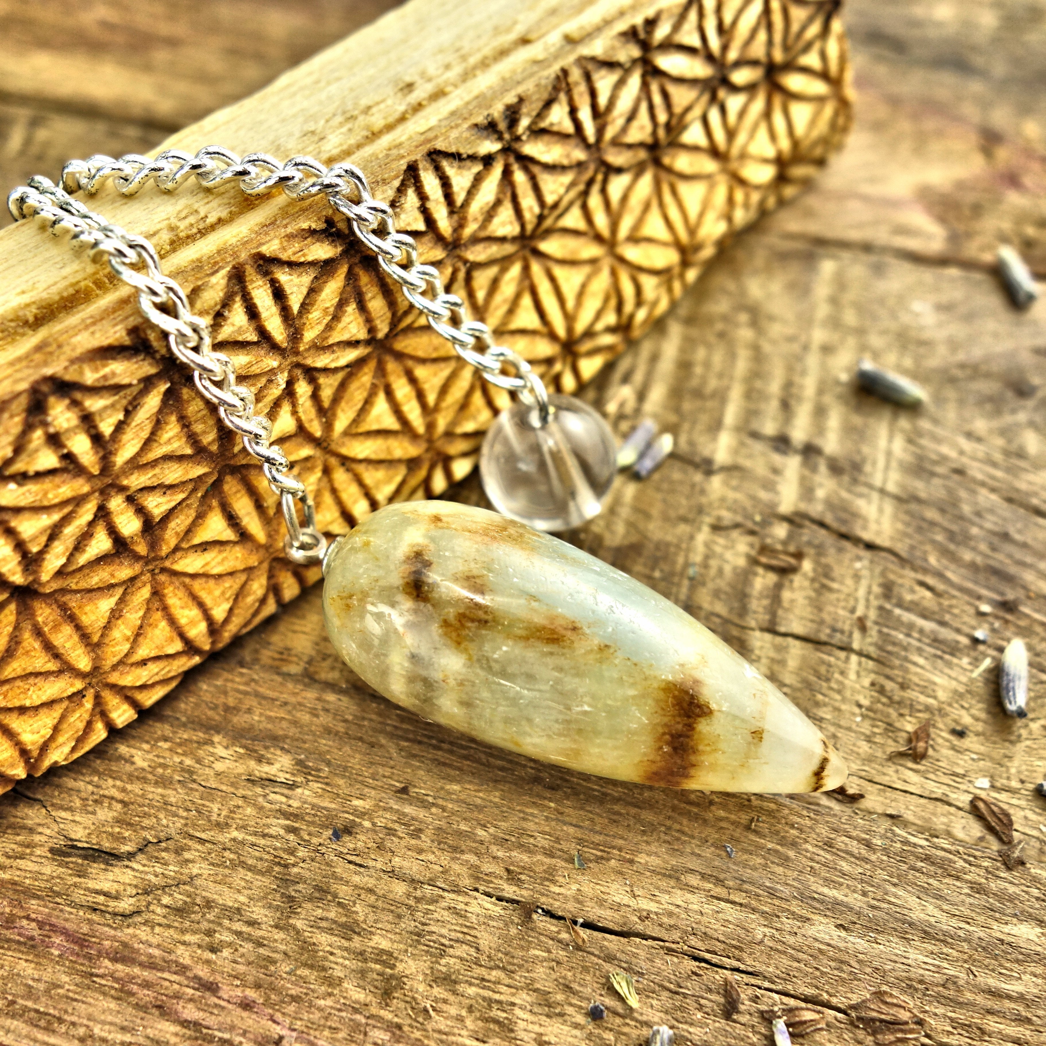 Frosty Blue & Golden Lemurian Aquatine Calcite Pendulum With Clear Quartz Bail 1 - Earth Family Crystals