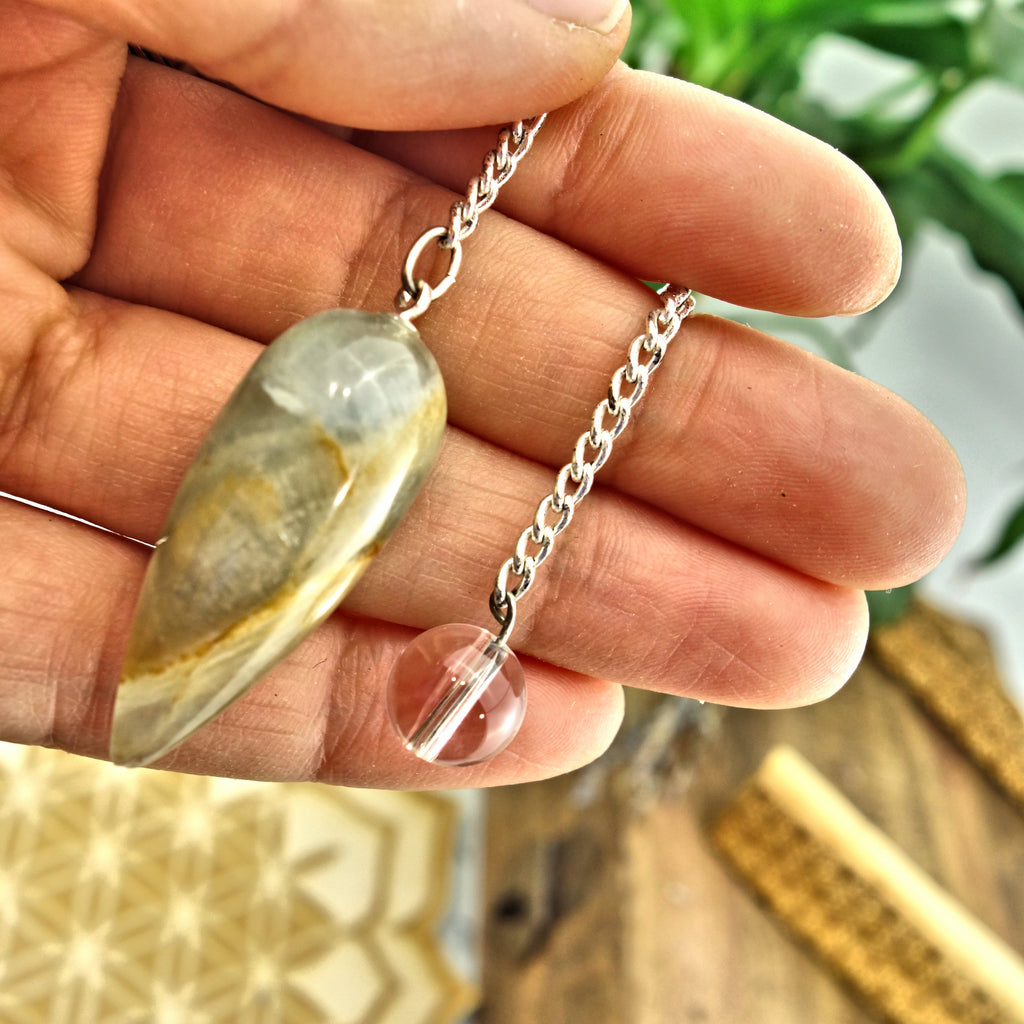 Frosty Blue & Golden Lemurian Aquatine Calcite Pendulum With Clear Quartz Bail 2 - Earth Family Crystals