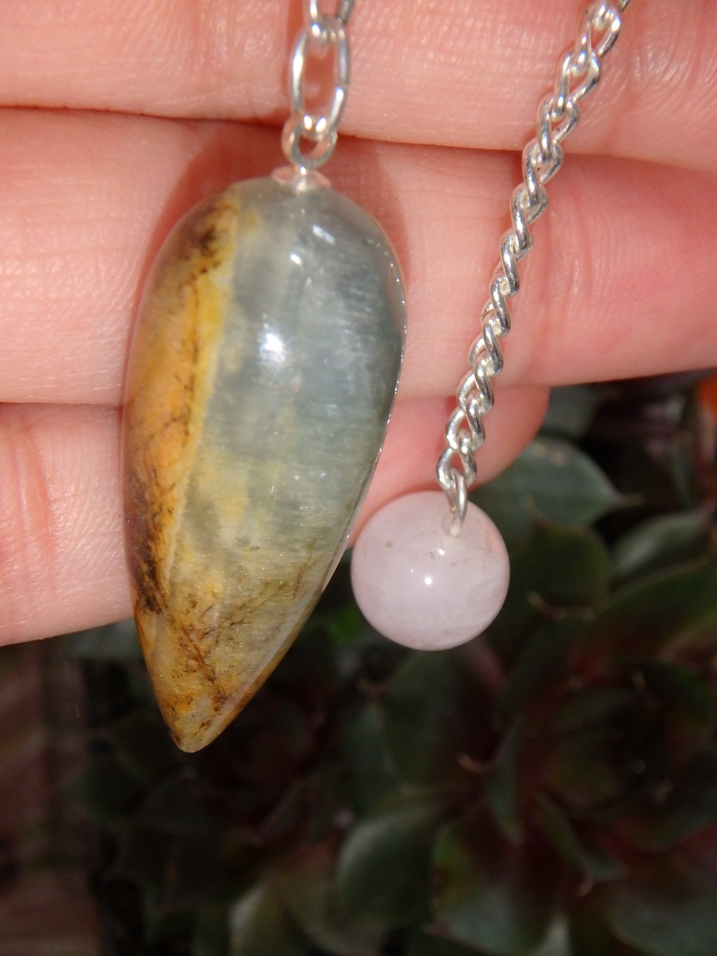 Stunning Golden Patterns Lemurian Aquatine Calcite Pendulum With Rose Quartz Bail - Earth Family Crystals