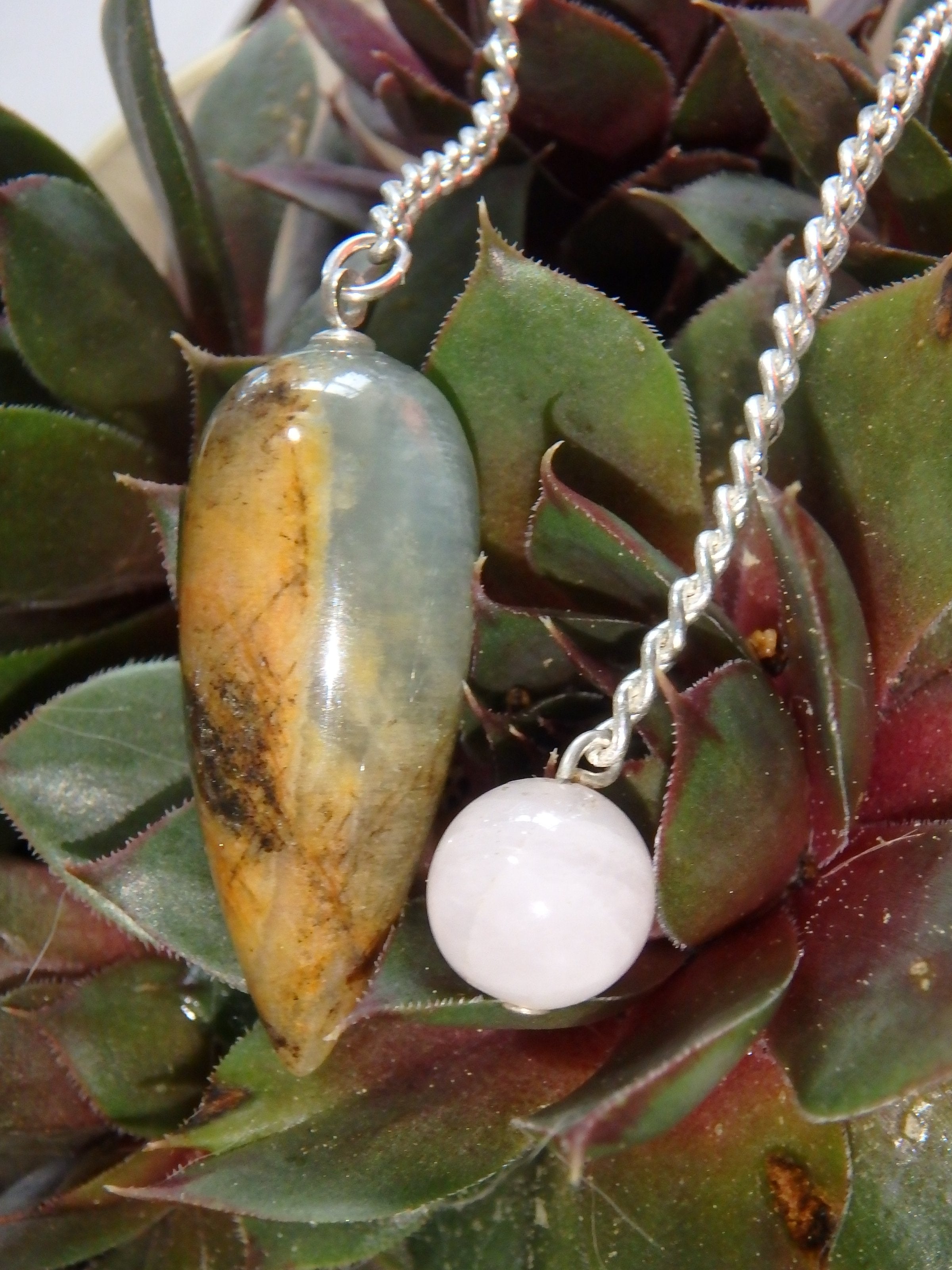 Stunning Golden Patterns Lemurian Aquatine Calcite Pendulum With Rose Quartz Bail - Earth Family Crystals