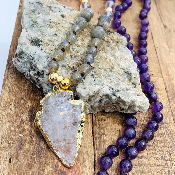 Beautiful Beaded Amethyst, Labradorite & Clear Quartz Long Mala Style Necklace - Earth Family Crystals