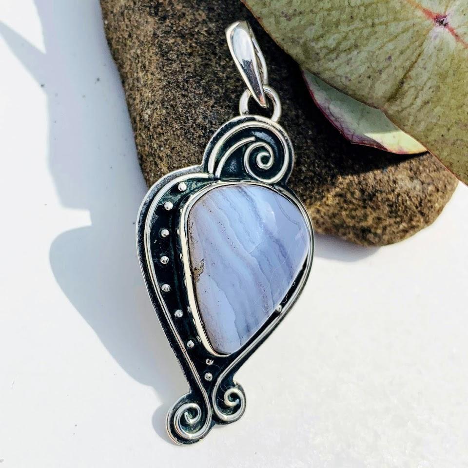 Creamy Blue Lace Agate Elegant  Sterling Silver Pendant (Includes Silver Chain) - Earth Family Crystals