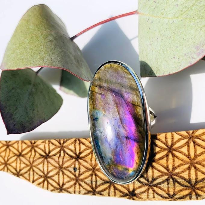 Chunky & Rare Silky Purple Labradorite Gemstone Ring in Sterling Silver (Size 10) - Earth Family Crystals