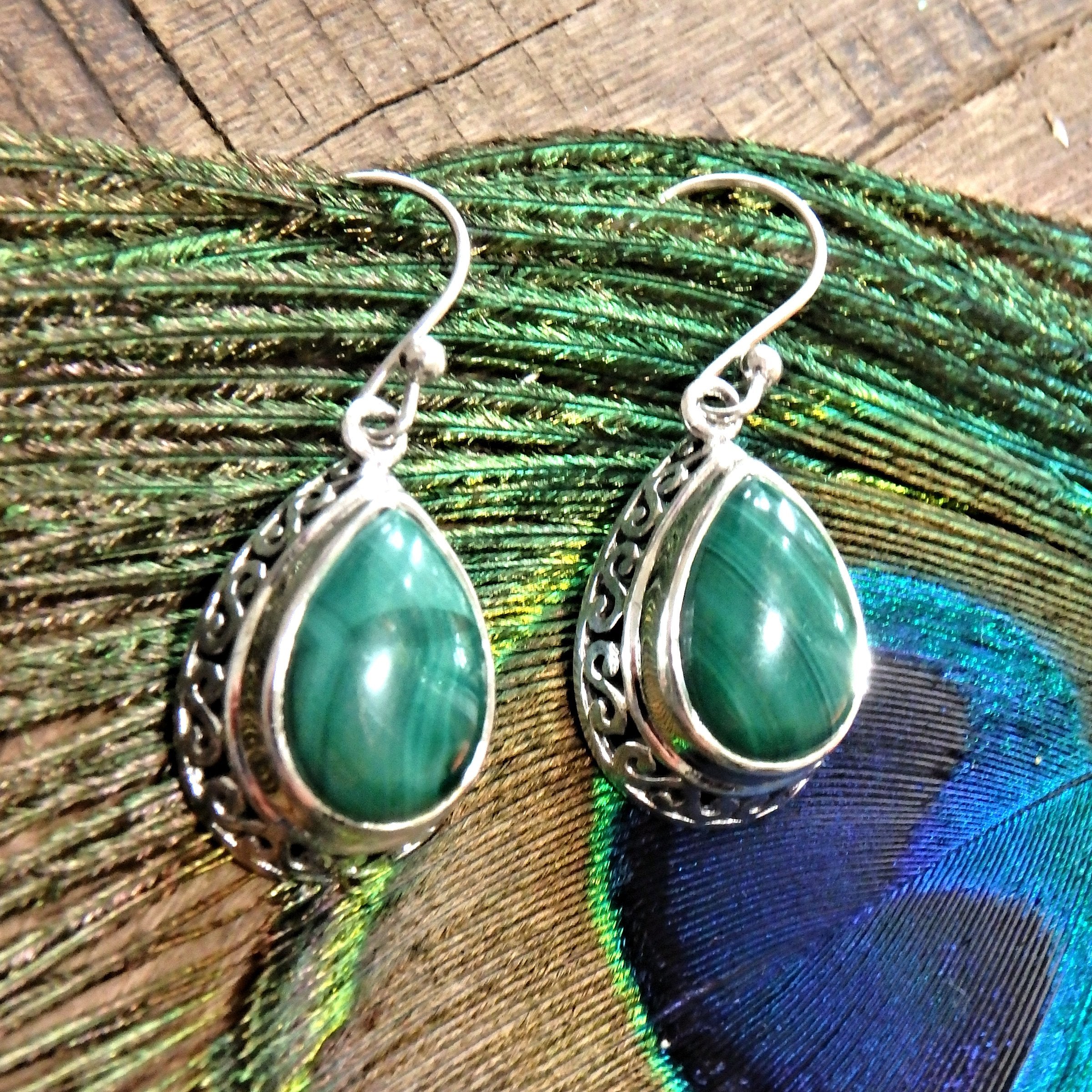 Elegant Green Malachite Sterling Silver Earrings - Earth Family Crystals