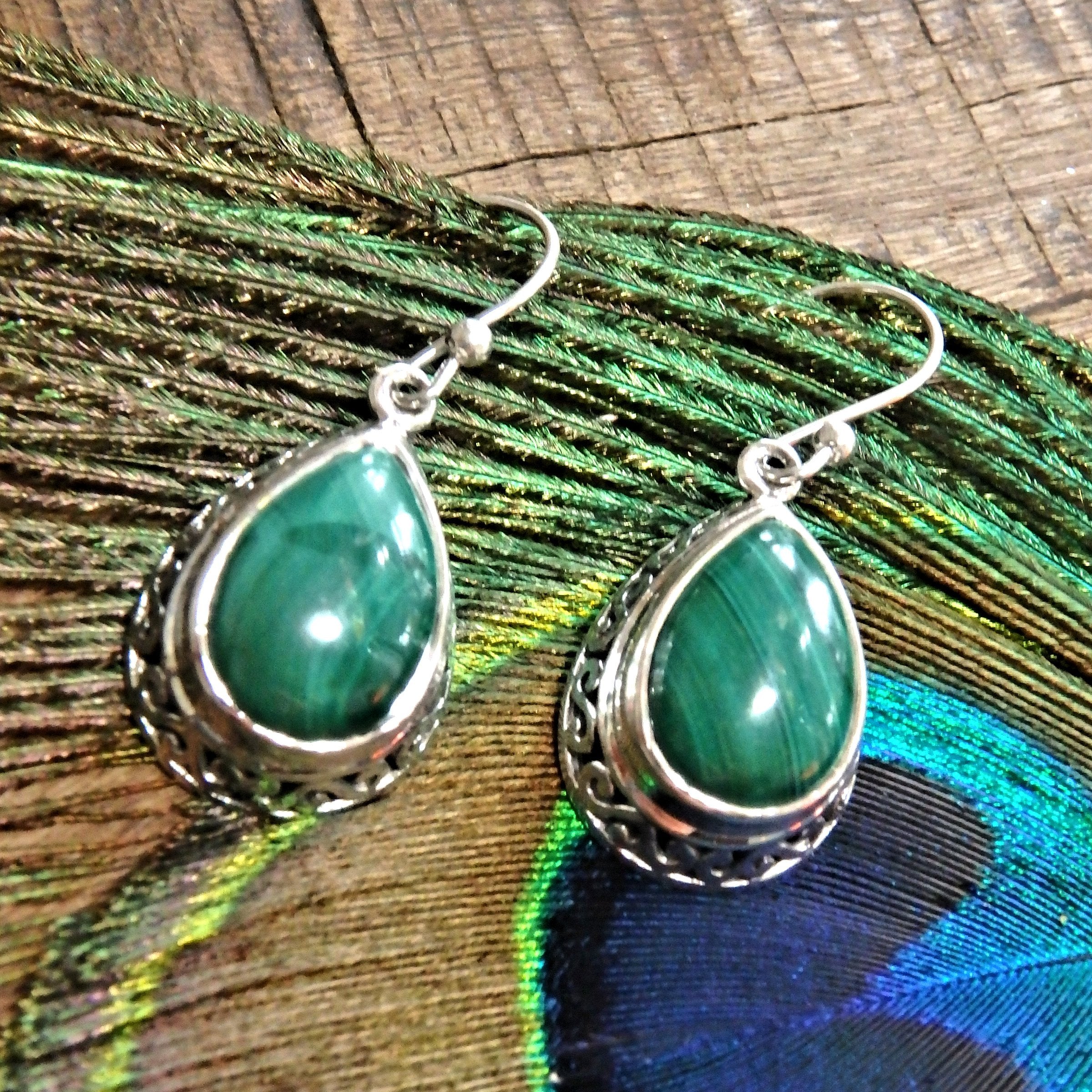Elegant Green Malachite Sterling Silver Earrings - Earth Family Crystals