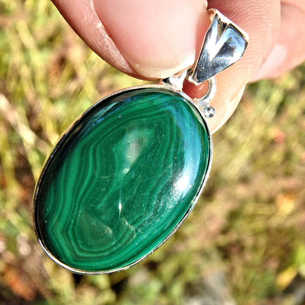 Swirls of Green Shiny Malachite  Pendant in Sterling Silver (Includes Silver Chain) - Earth Family Crystals