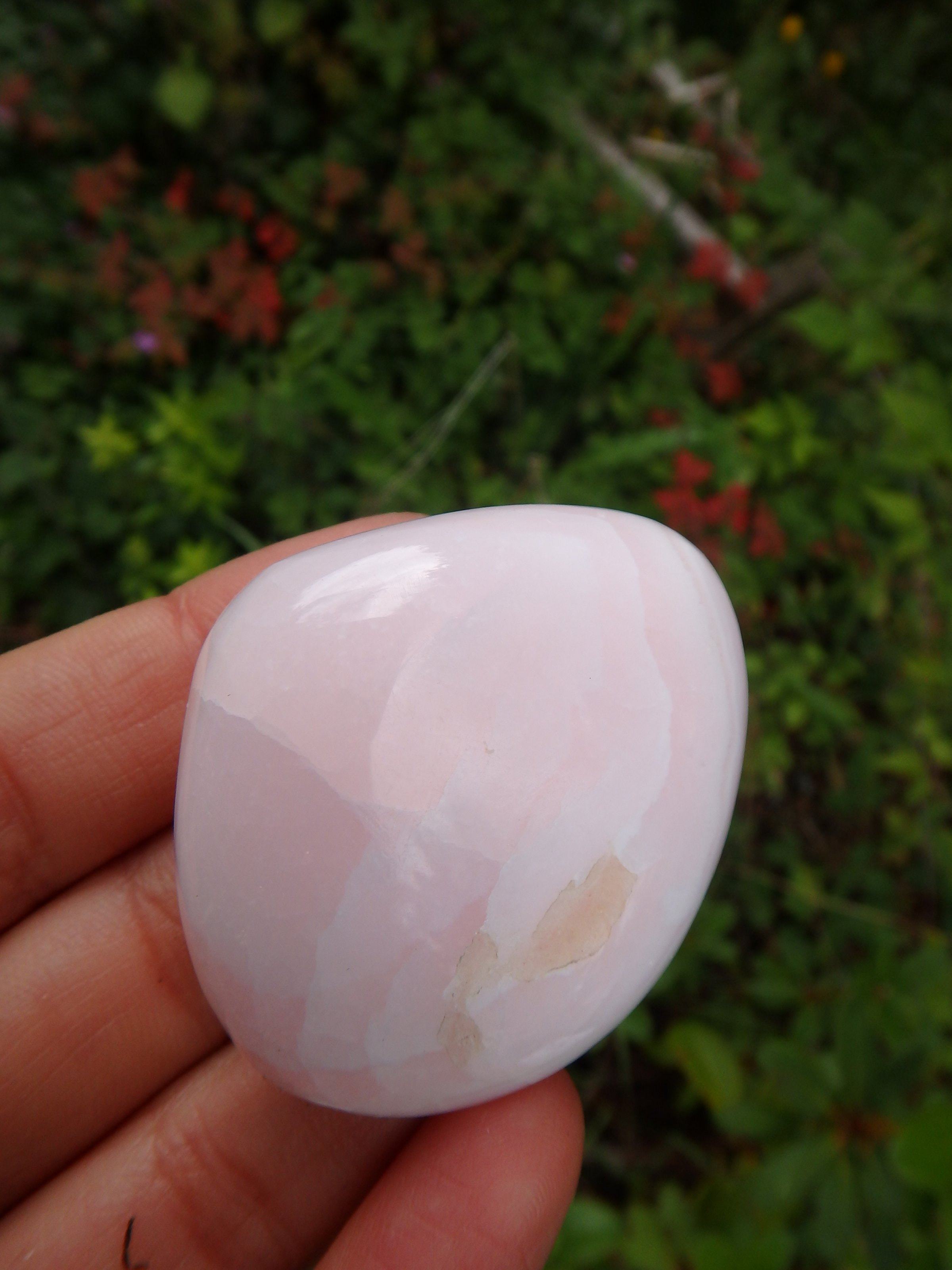 Creamy Pink Polished Mangano Calcite Palm Stone From Peru - Earth Family Crystals
