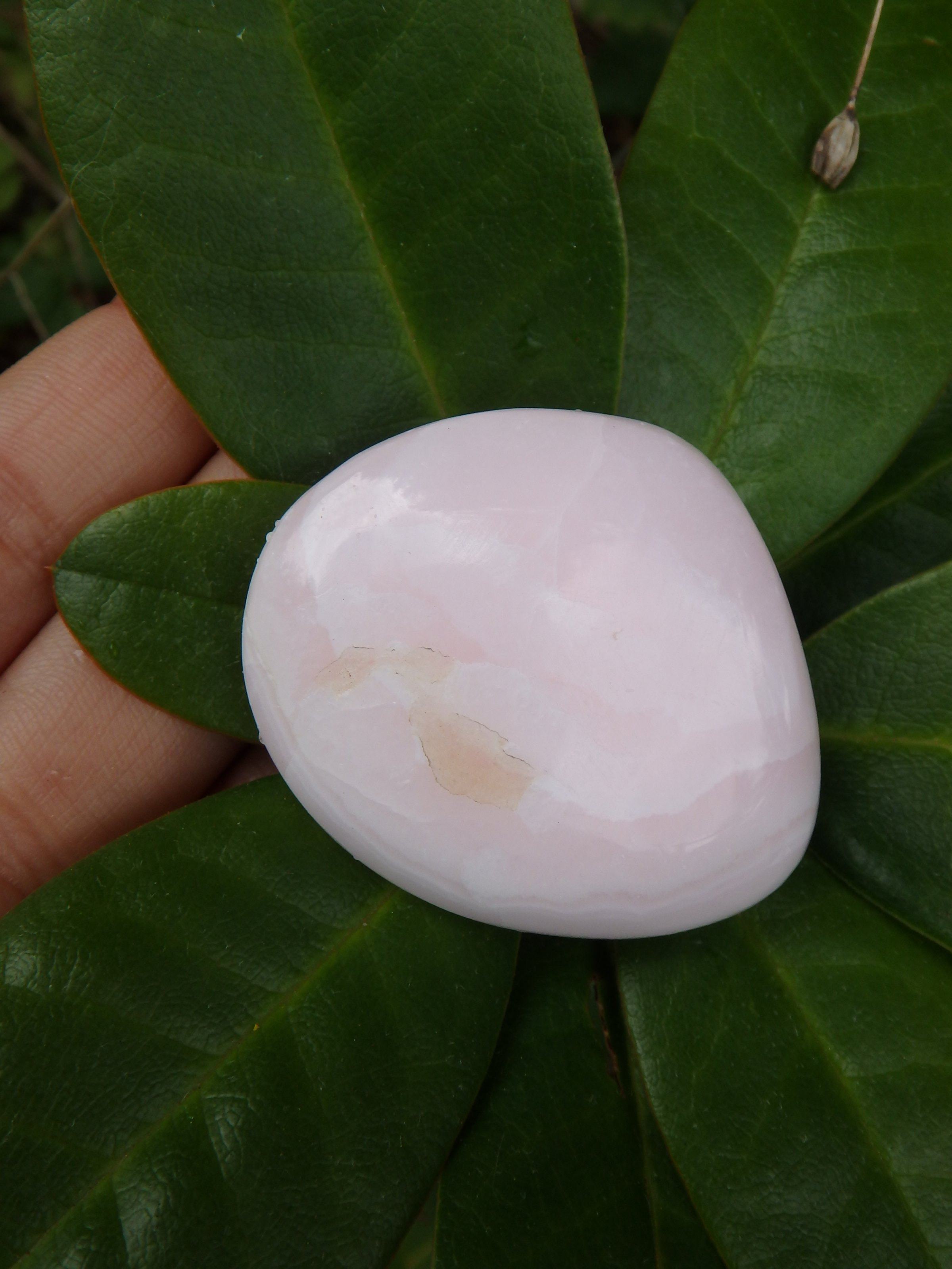 Creamy Pink Polished Mangano Calcite Palm Stone From Peru - Earth Family Crystals