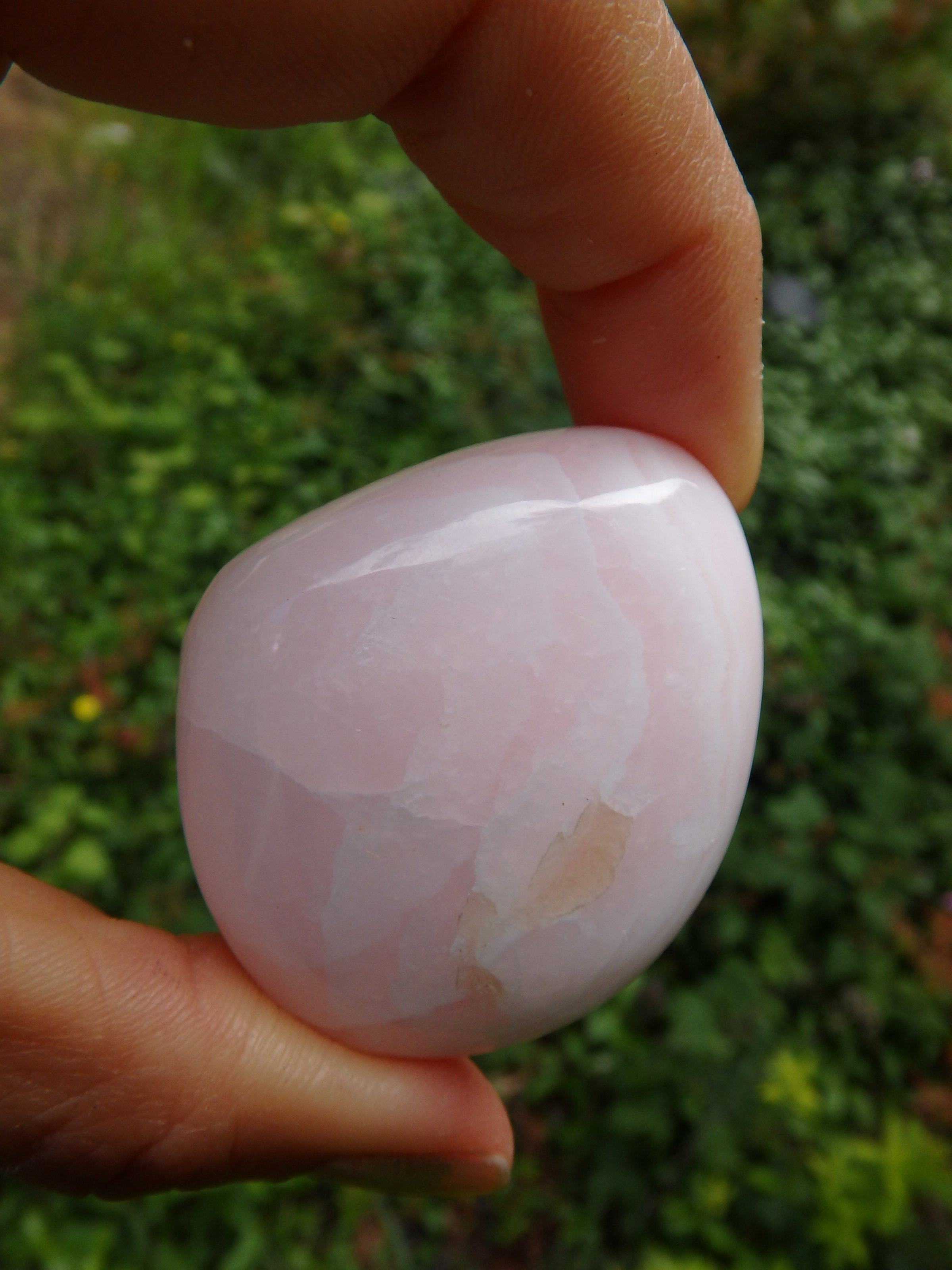 Creamy Pink Polished Mangano Calcite Palm Stone From Peru - Earth Family Crystals