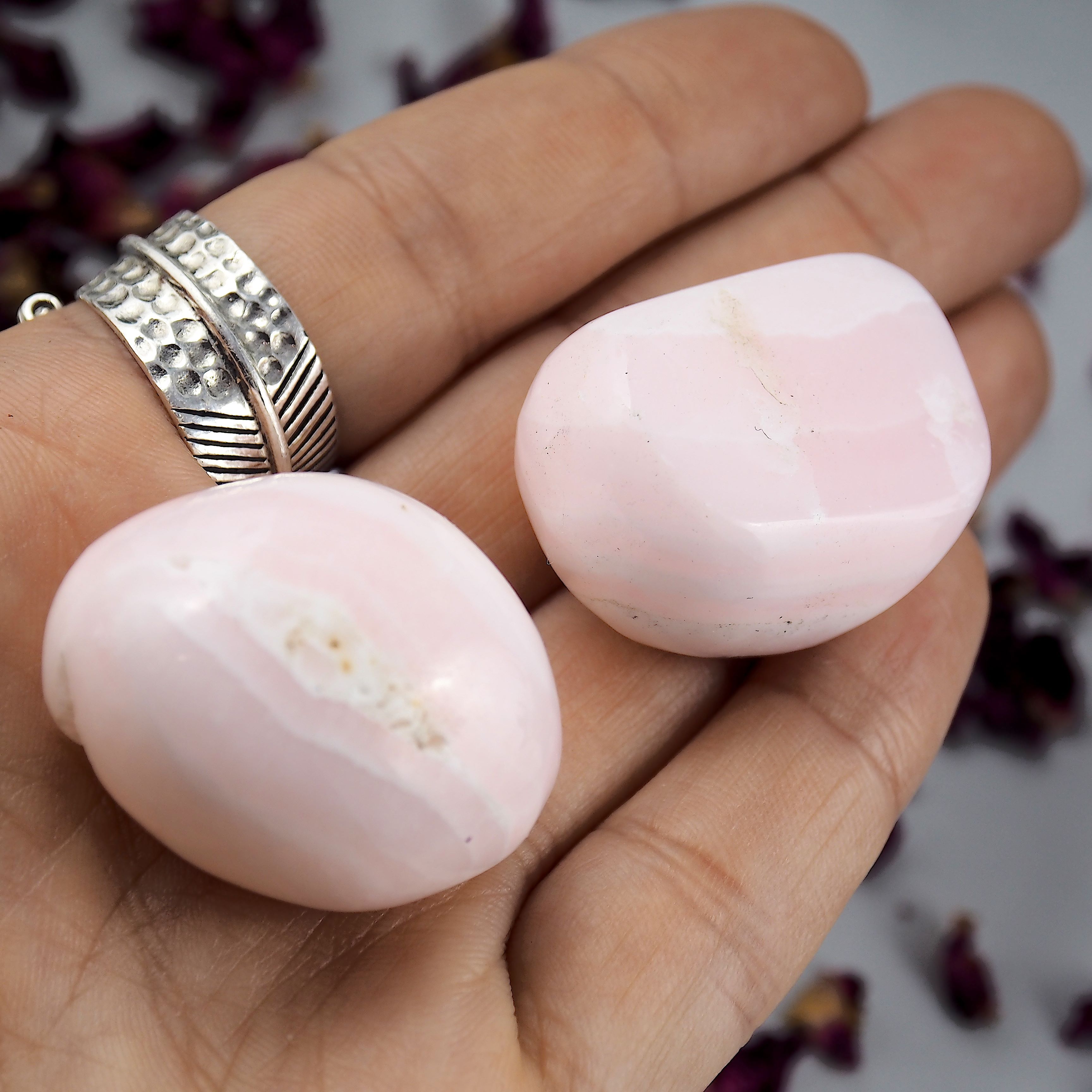 One Creamy Pink Mangano Calcite Palm Stone - Earth Family Crystals