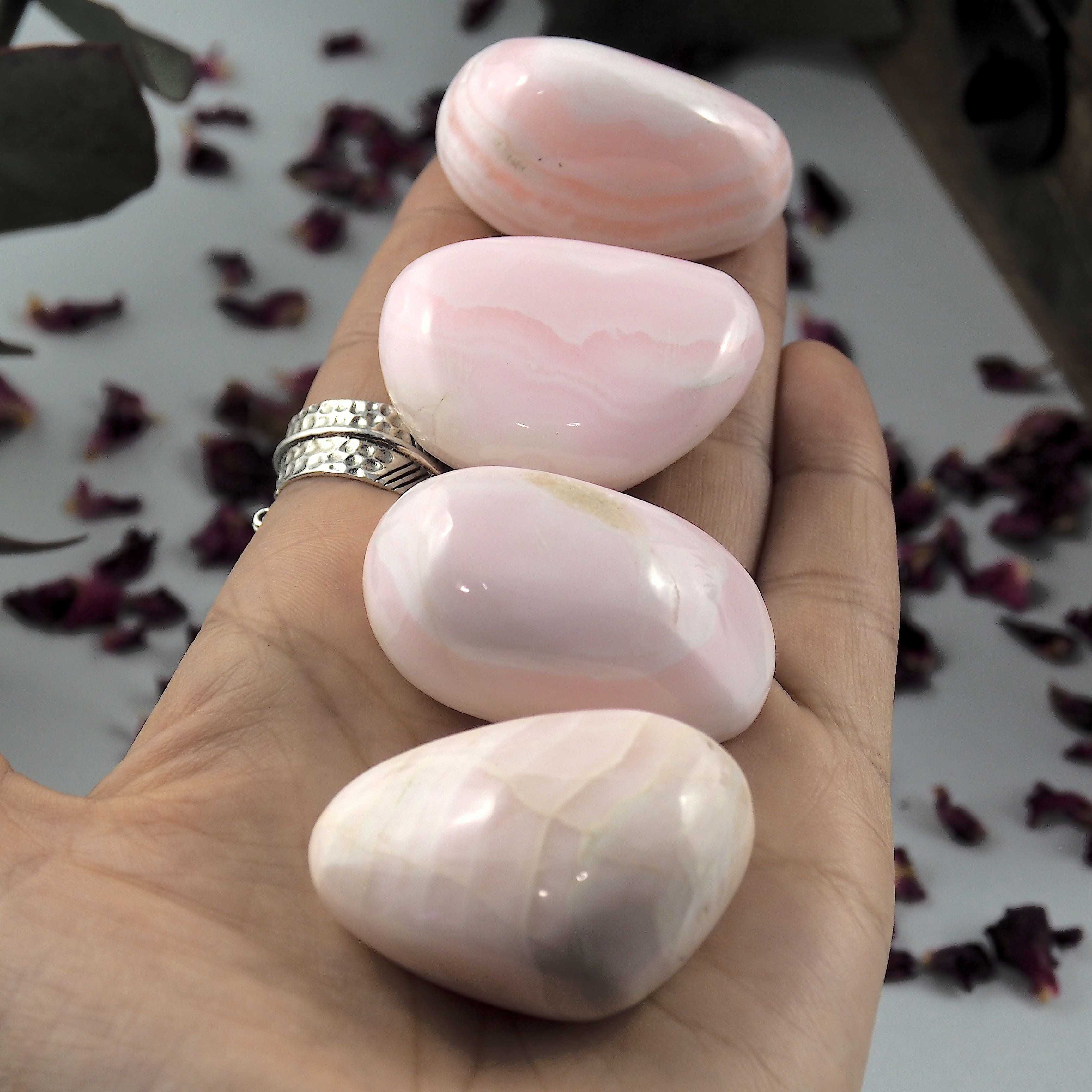 One Medium Creamy Pink Mangano Calcite Palm Stone - Earth Family Crystals