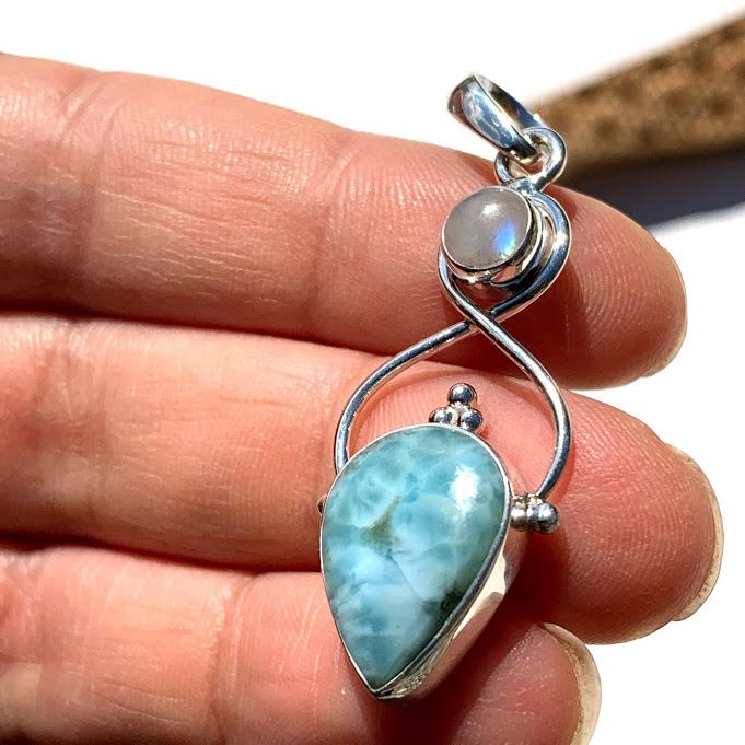 Gorgeous Blue Larimar & Moonstone Sterling Silver Pendant (Includes Silver Chain) #2 - Earth Family Crystals