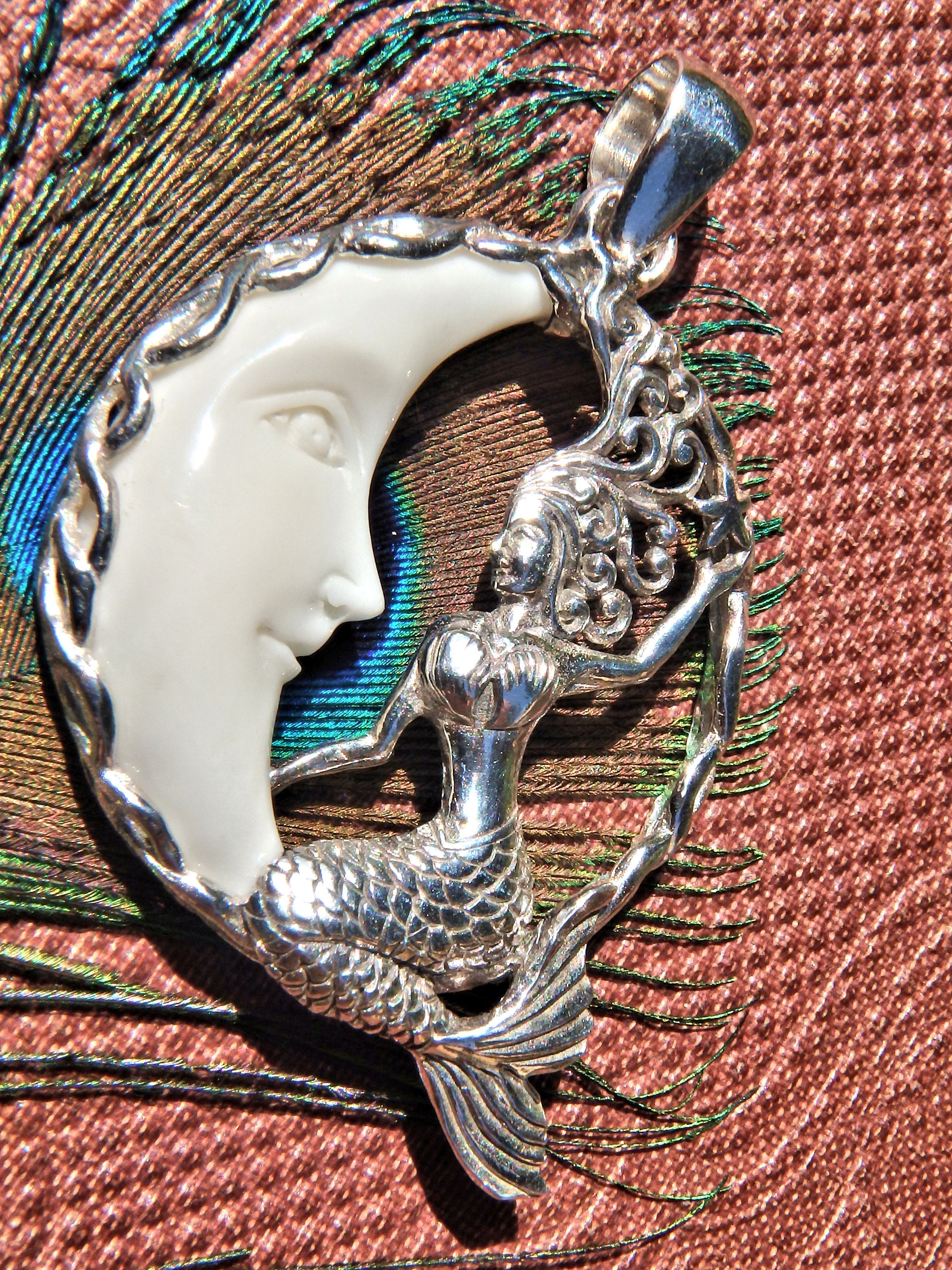 Pretty Mermaid & White Crescent Moon  Pendant in Sterling Silver (Includes Silver Chain) - Earth Family Crystals