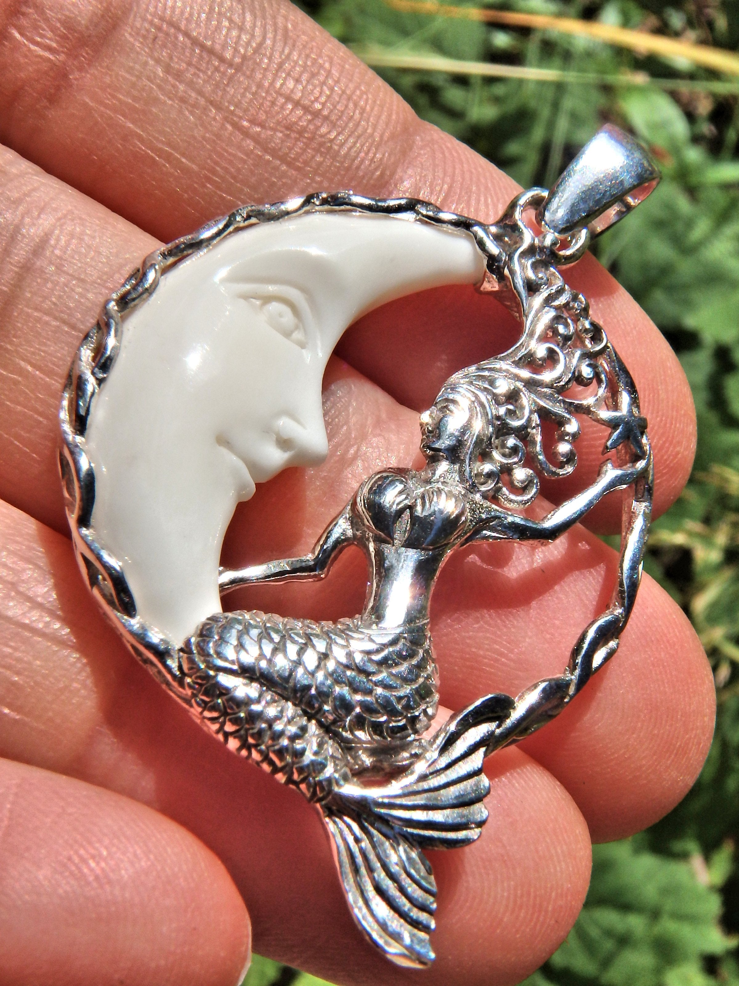 Pretty Mermaid & White Crescent Moon  Pendant in Sterling Silver (Includes Silver Chain) - Earth Family Crystals