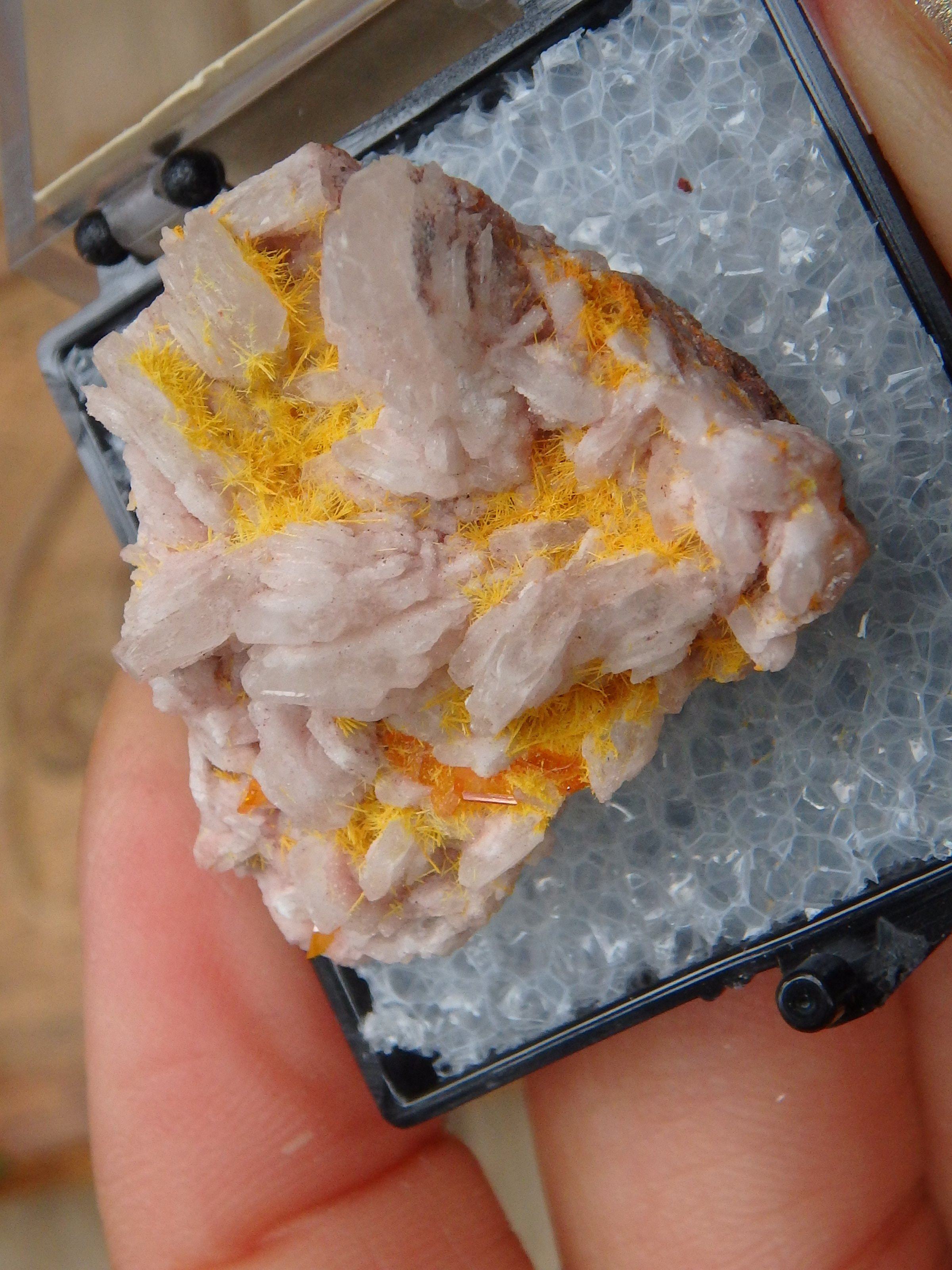 Electric Orange Wulfenite & Baryte, Mimetite Collectors Specimen in Box From Rowley Mine, Arizona - Earth Family Crystals