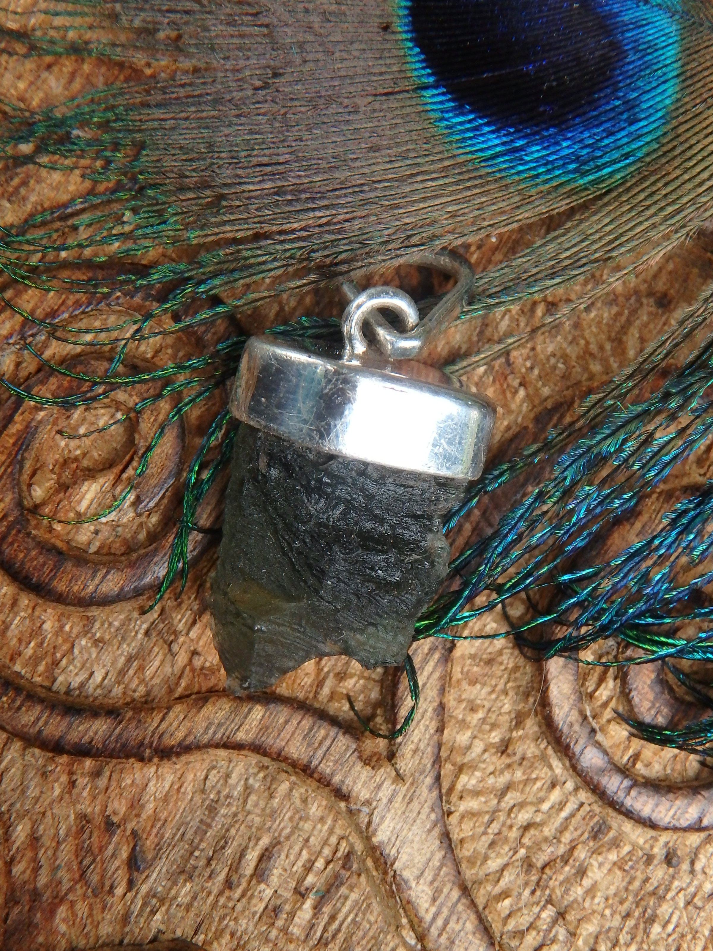 Deep Forest Green Genuine Raw Moldavite Floating Pendant In Sterling Silver (Includes Silver Chain) *REDUCED* - Earth Family Crystals