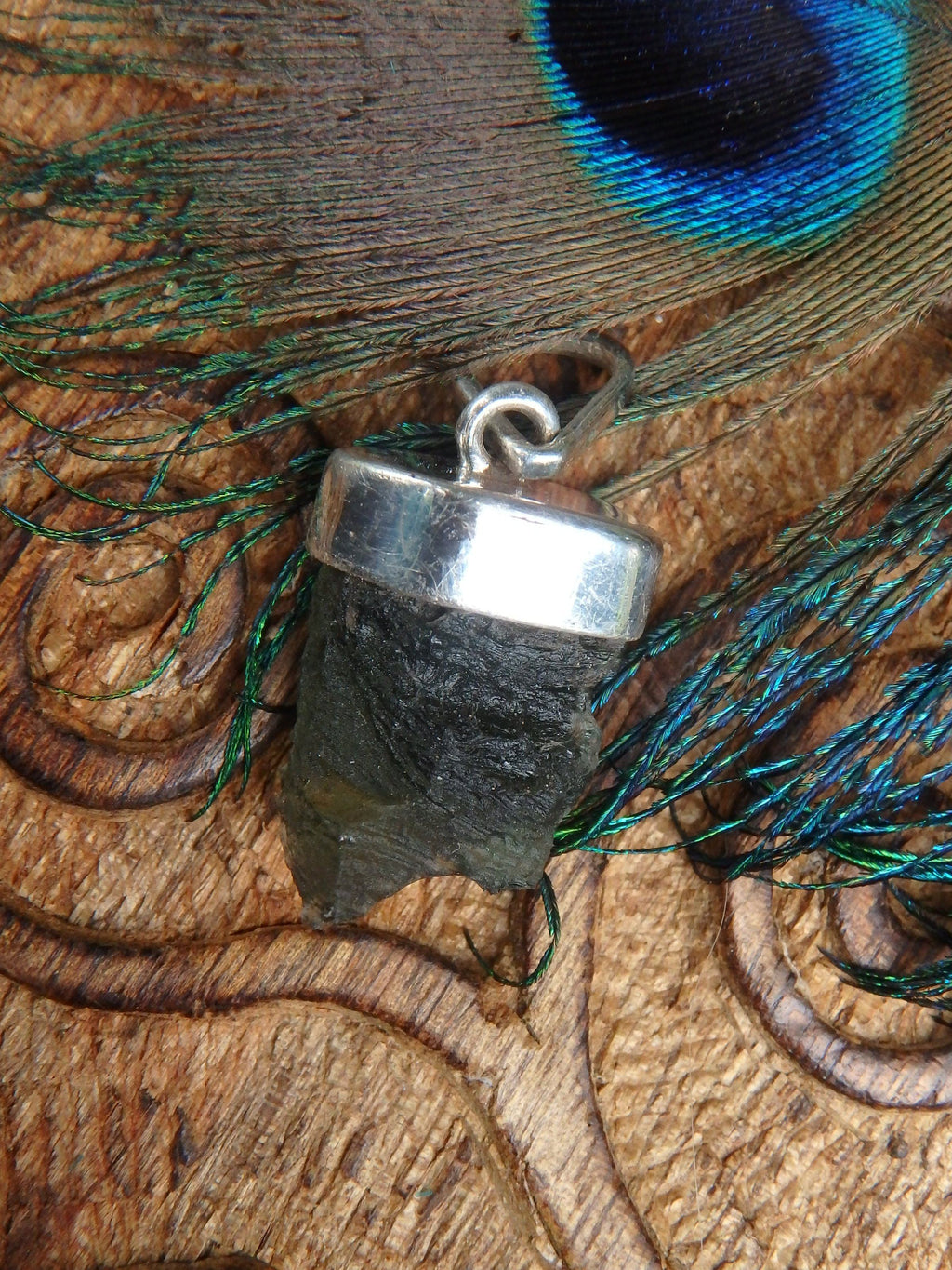 Deep Forest Green Genuine Raw Moldavite Floating Pendant In Sterling Silver (Includes Silver Chain) *REDUCED* - Earth Family Crystals