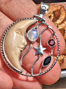 Red Garnet, Rainbow Moonstone & Onyx Bone Crescent Moon  Pendant in Sterling Silver (Includes Silver Chain) REDUCED - Earth Family Crystals