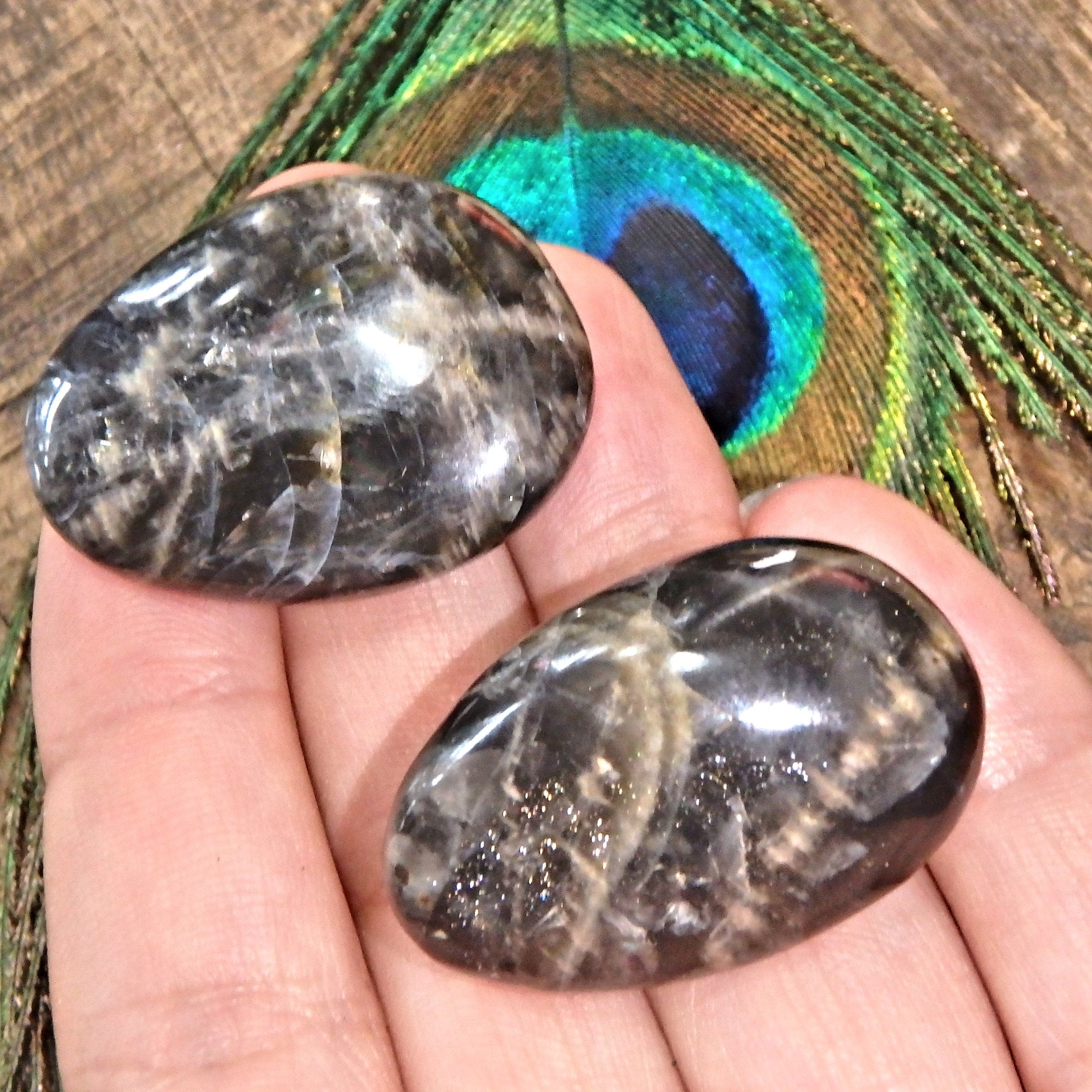 Set of 2 Black Moonstone Hand Held Palm Stones