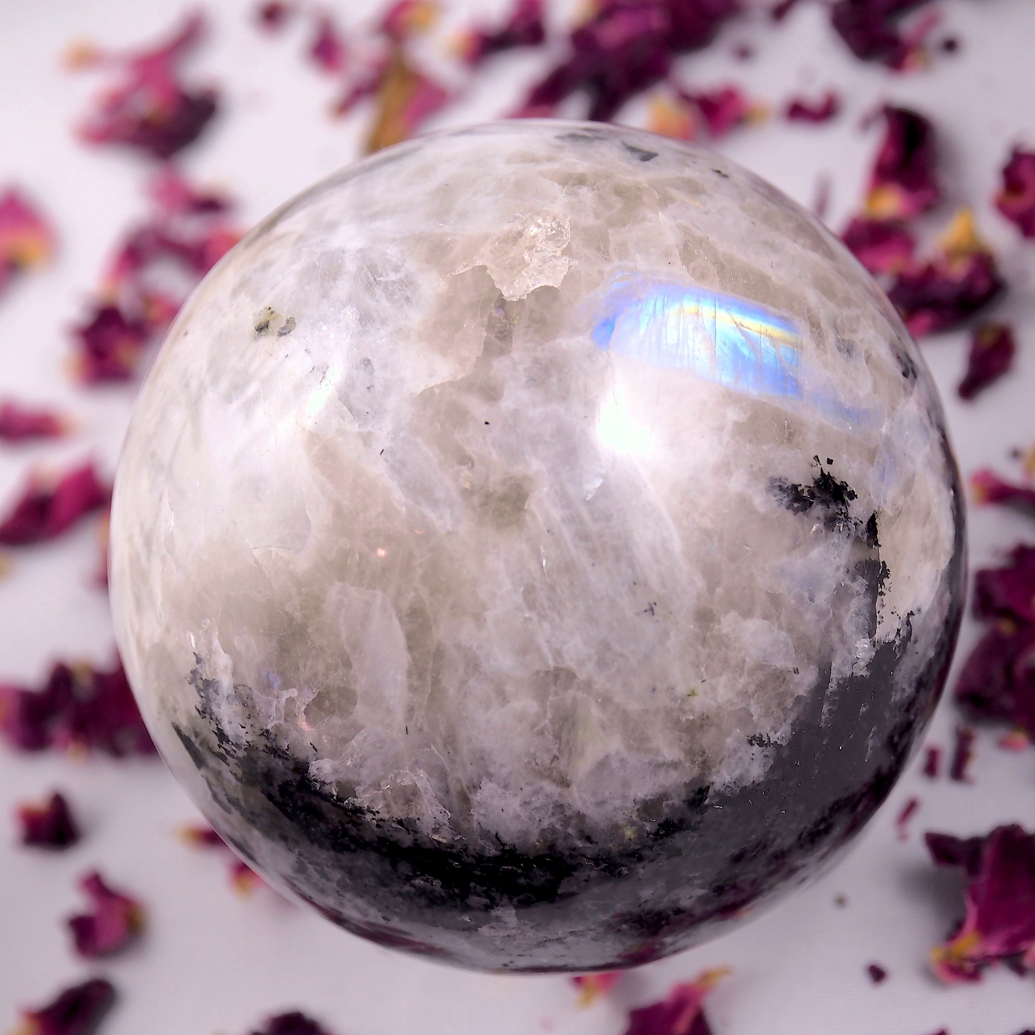 Powerful XL Rainbow Moonstone & Black Tourmaline Sphere Carving