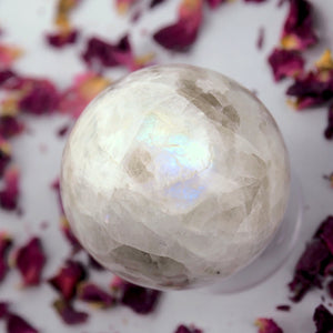 Gorgeous Rainbow Moonstone & Black Tourmaline Small Sphere Carving - Earth Family Crystals