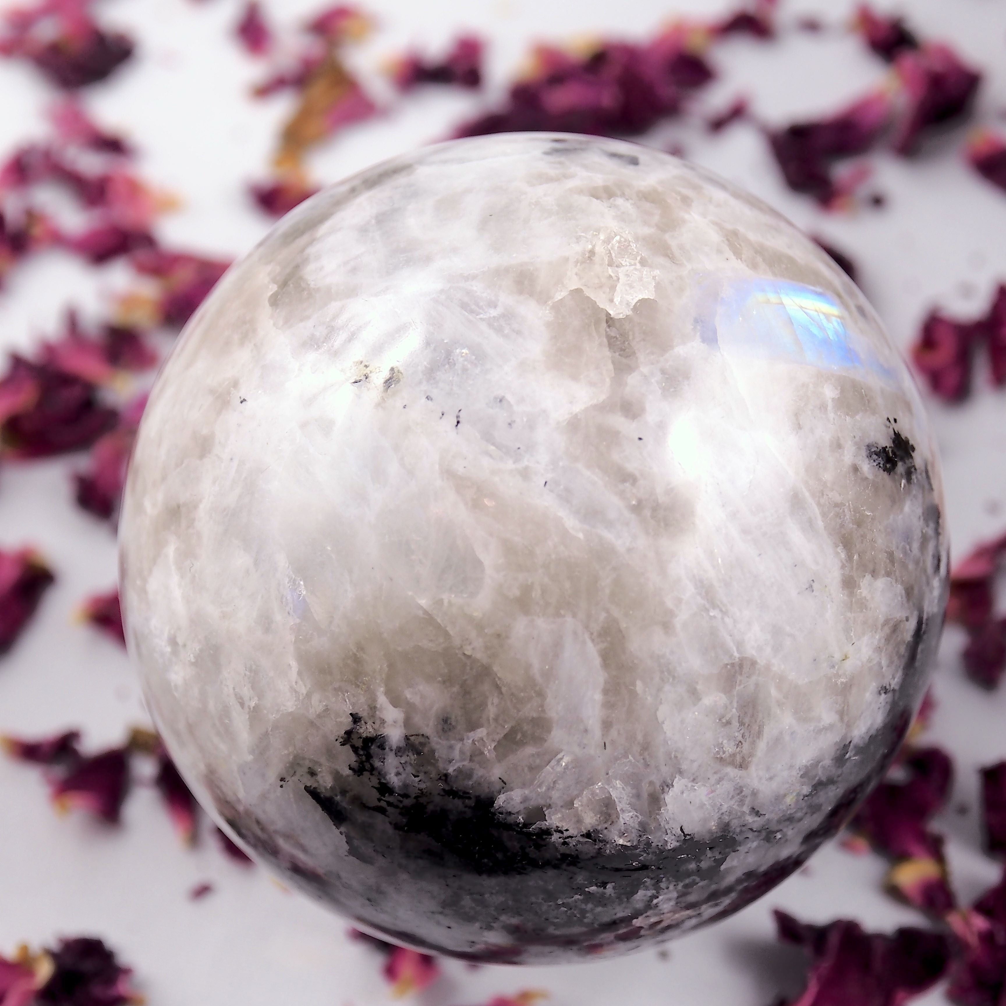 Powerful XL Rainbow Moonstone & Black Tourmaline Sphere Carving