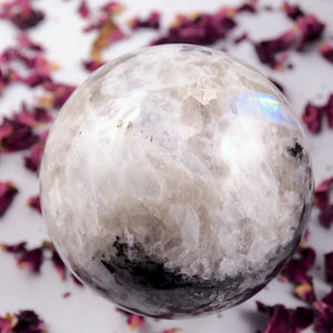 Powerful XL Rainbow Moonstone & Black Tourmaline Sphere Carving