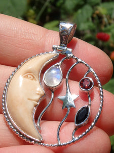 Red Garnet, Rainbow Moonstone & Onyx Bone Crescent Moon  Pendant in Sterling Silver (Includes Silver Chain) REDUCED - Earth Family Crystals