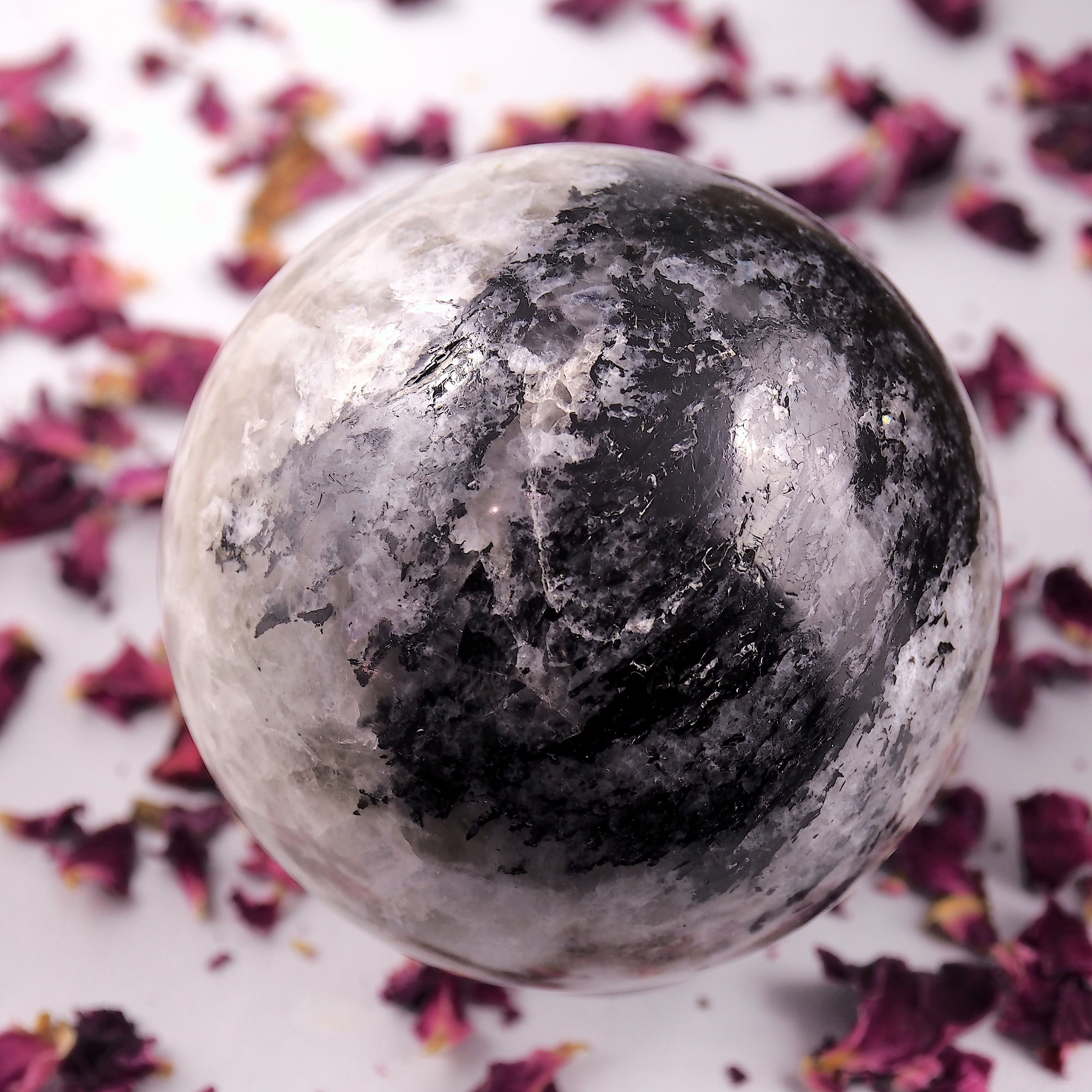 Powerful XL Rainbow Moonstone & Black Tourmaline Sphere Carving