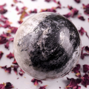 Powerful XL Rainbow Moonstone & Black Tourmaline Sphere Carving