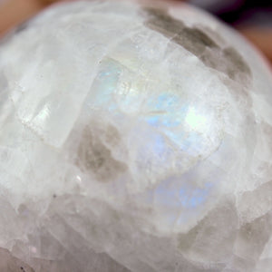 Gorgeous Rainbow Moonstone & Black Tourmaline Small Sphere Carving - Earth Family Crystals