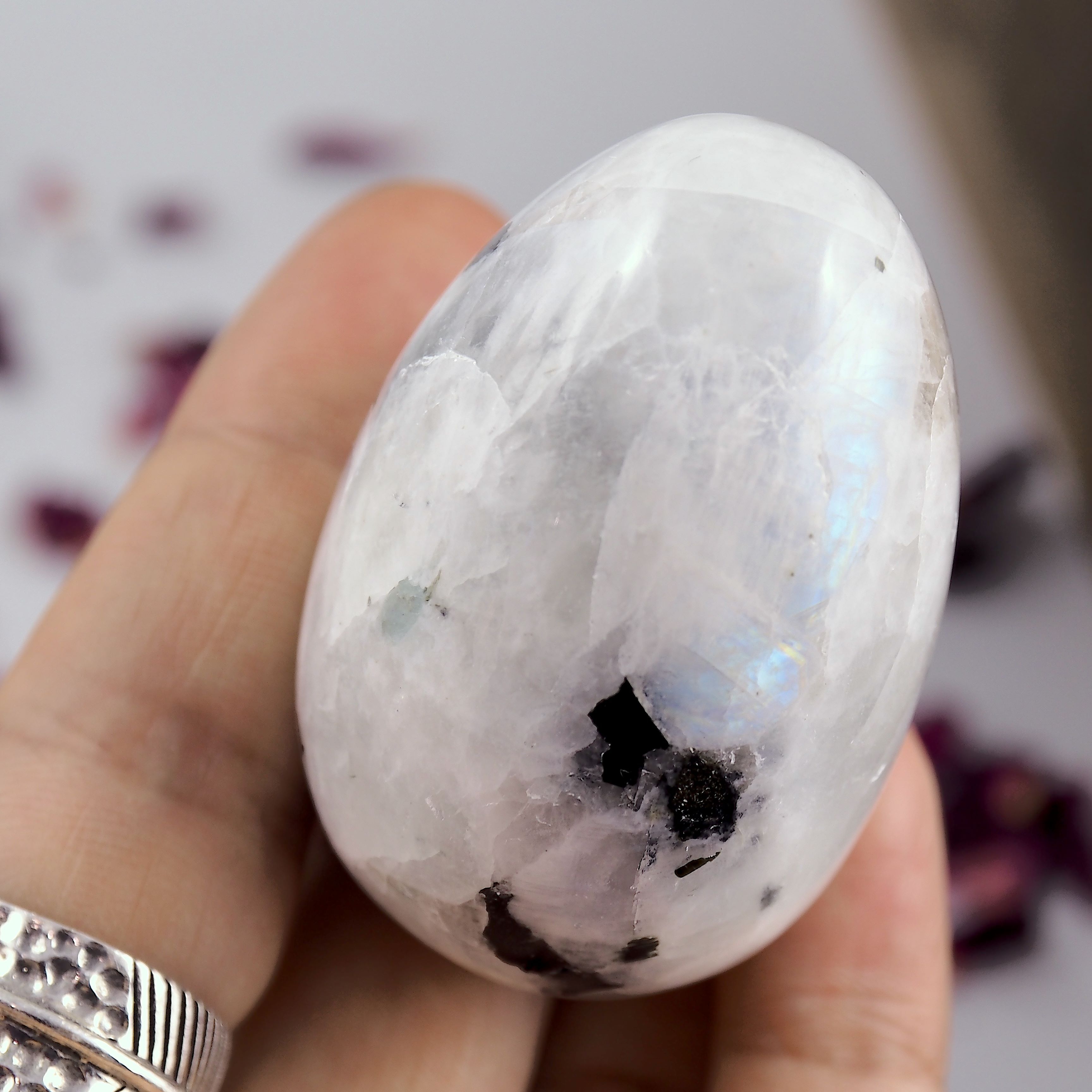 Fantastic Flashes Rainbow Moonstone & Black Tourmaline Egg Carving - Earth Family Crystals