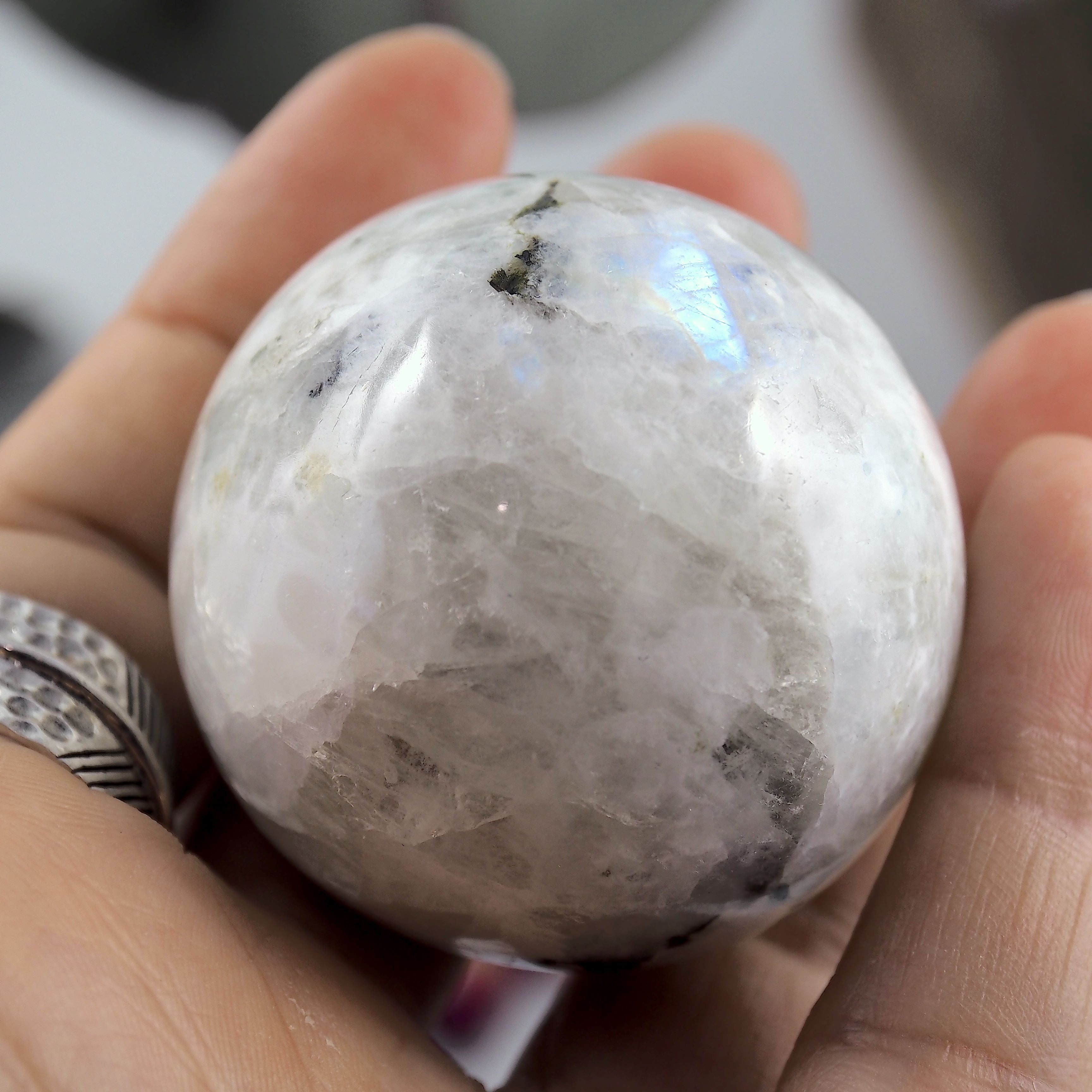 Stunning Rainbow Moonstone & Black Tourmaline Medium Sphere Carving - Earth Family Crystals