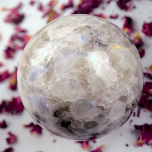 Powerful XL Rainbow Moonstone & Black Tourmaline Sphere Carving
