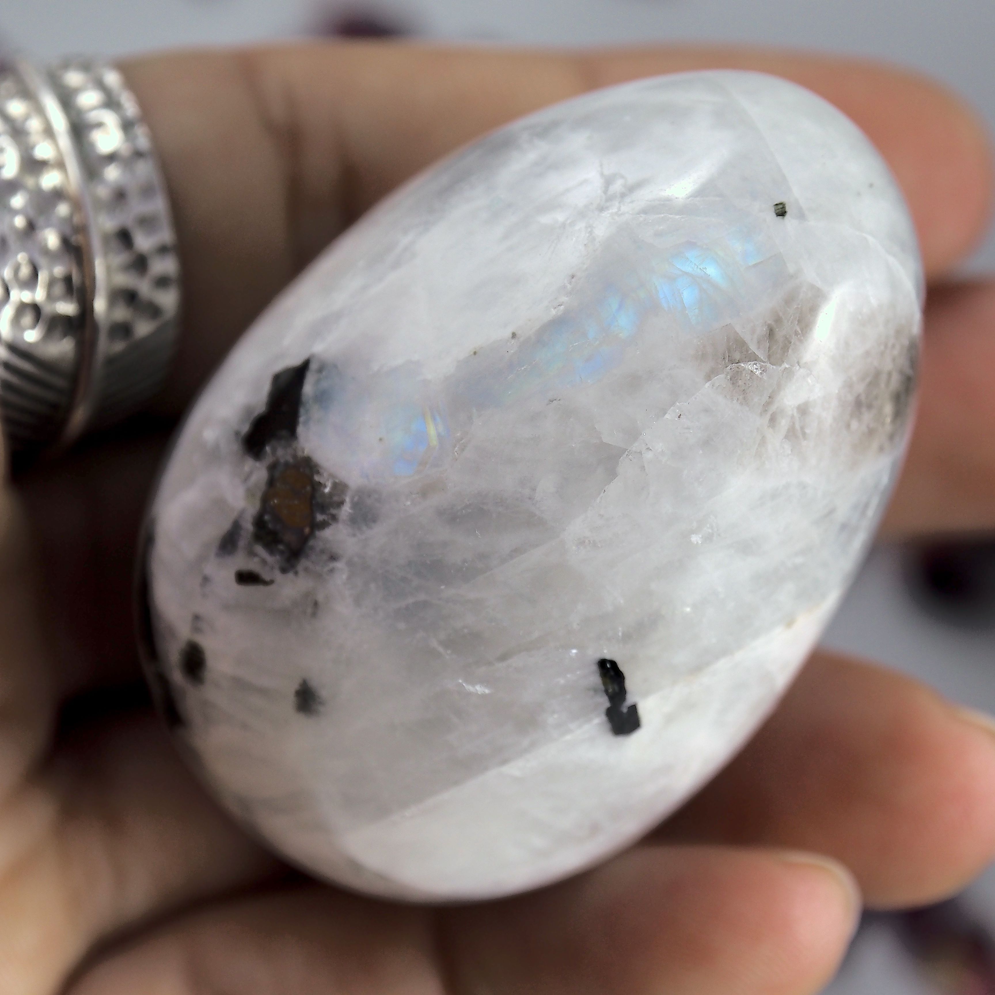 Fantastic Flashes Rainbow Moonstone & Black Tourmaline Egg Carving - Earth Family Crystals
