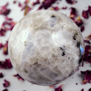 Powerful XL Rainbow Moonstone & Black Tourmaline Sphere Carving