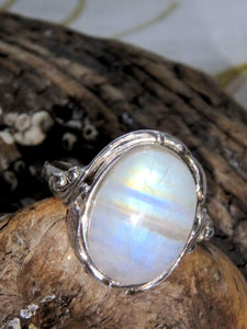 Pretty Flashes of Color Rainbow Moonstone Ring in Sterling Silver (7.5) - Earth Family Crystals