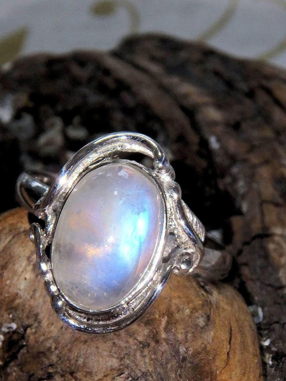 Delightful Royal Blue Flash Rainbow Moonstone Ring in Sterling Silver (Size 9) - Earth Family Crystals
